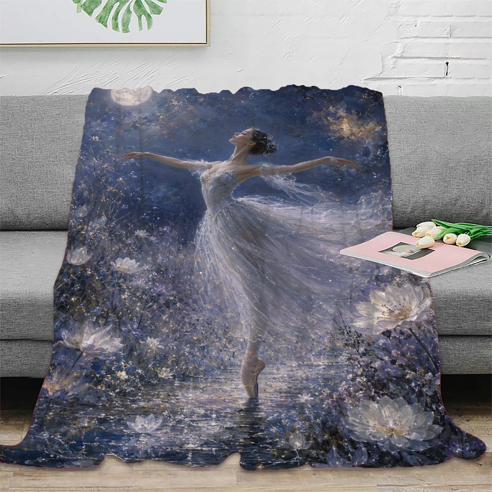 W7C8U2X3 Ballerina Moon Blanket, Flannel, Camping, Romantic Floral Art
