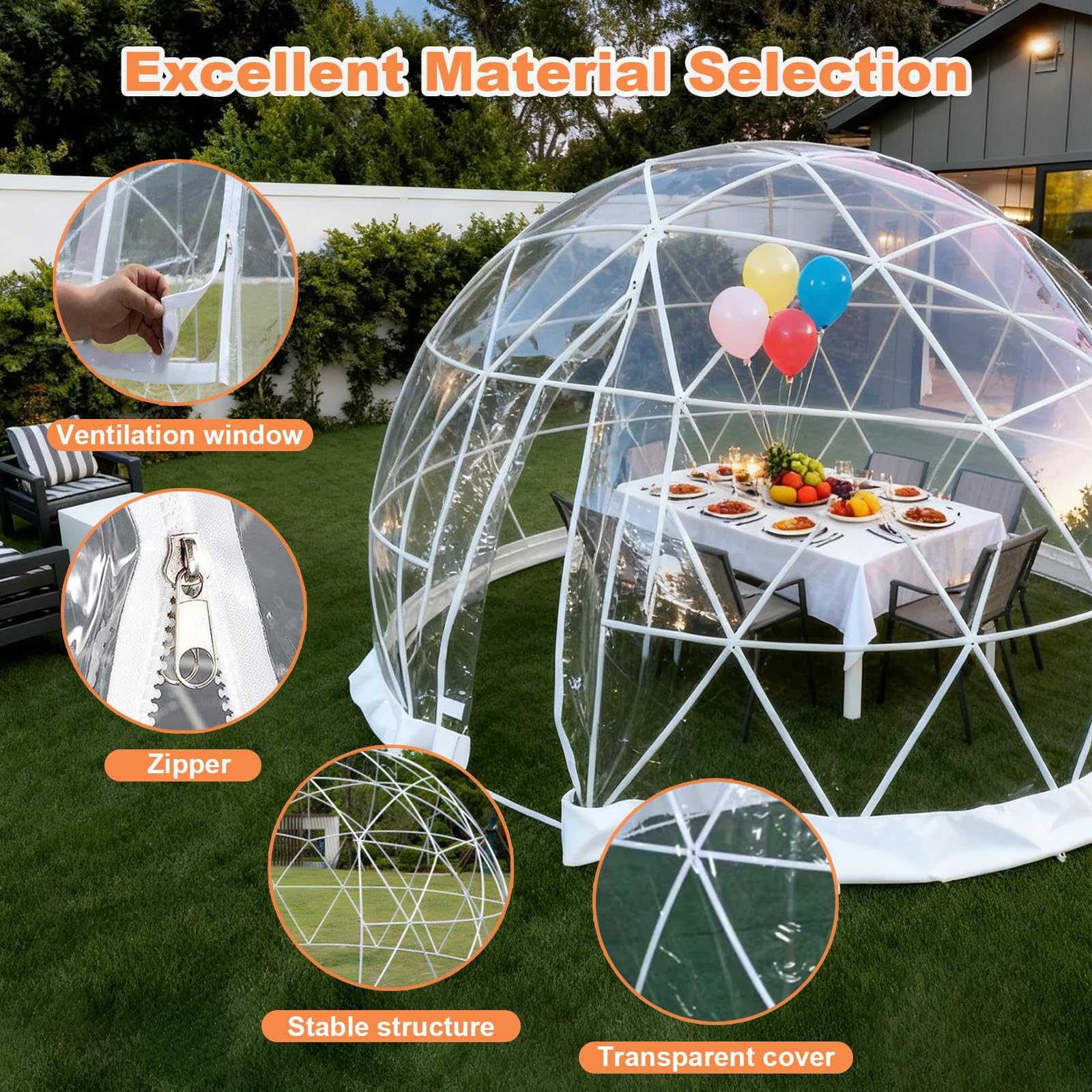 Garten-Iglu-Bubble-Zelt Mit Reißverschlusstüren Und 10 M Lichterkette, 3,6 M, Transparente TPU-Außenkuppel Für 5–7 Personen, Schafft Einen Privaten Rückzugsort Zum Campen Und Essen