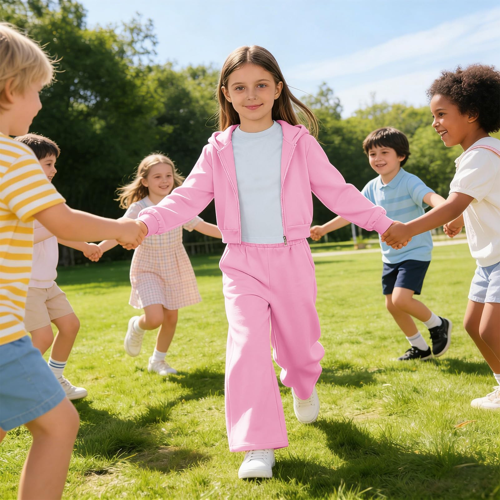 amropi Ensemble 3 Pièces Fille Sweat à Capuche et T-Shirt et Pantalon Large Survêtement Tenue de Sport pour 7-12 Ans