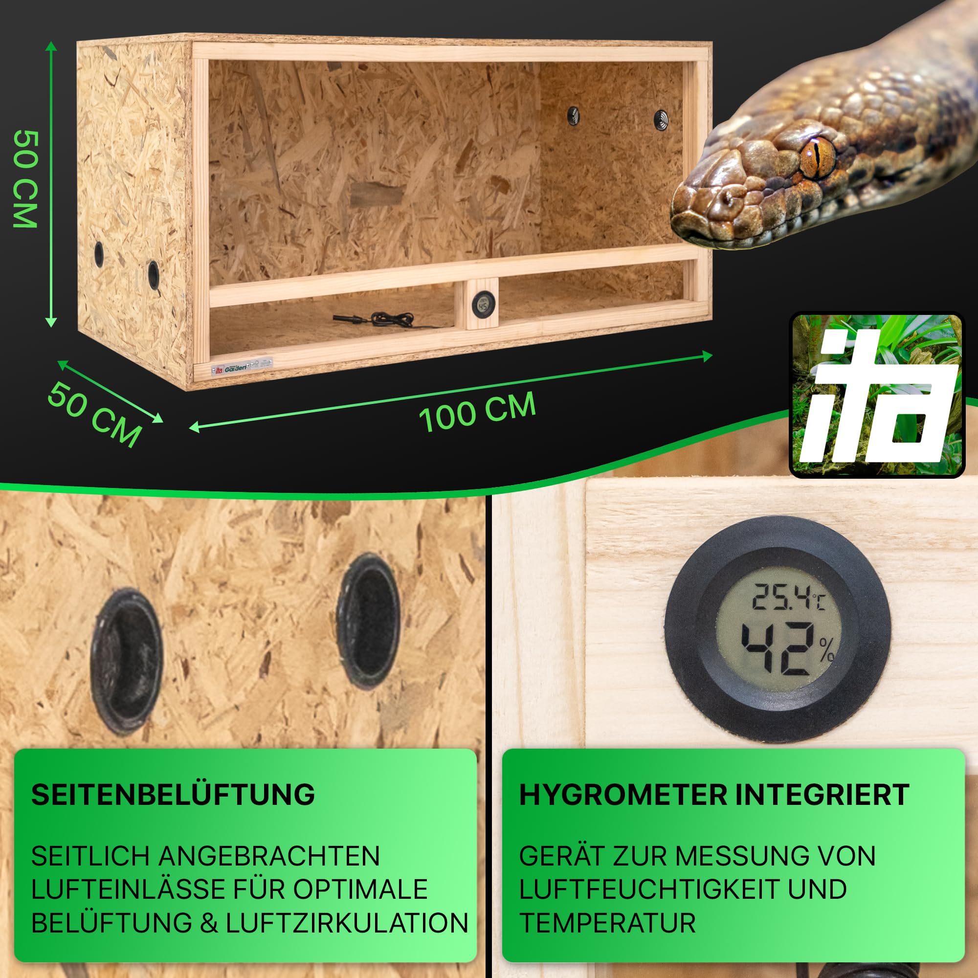 ITA Drewniane terrarium 100 x 50 x 50 cm ze zintegrowaną wentylacją i higrometrem, drewniane terrarium OSB-3, dla gadów, węży, płazów - produkt UE, certyfikat FSC