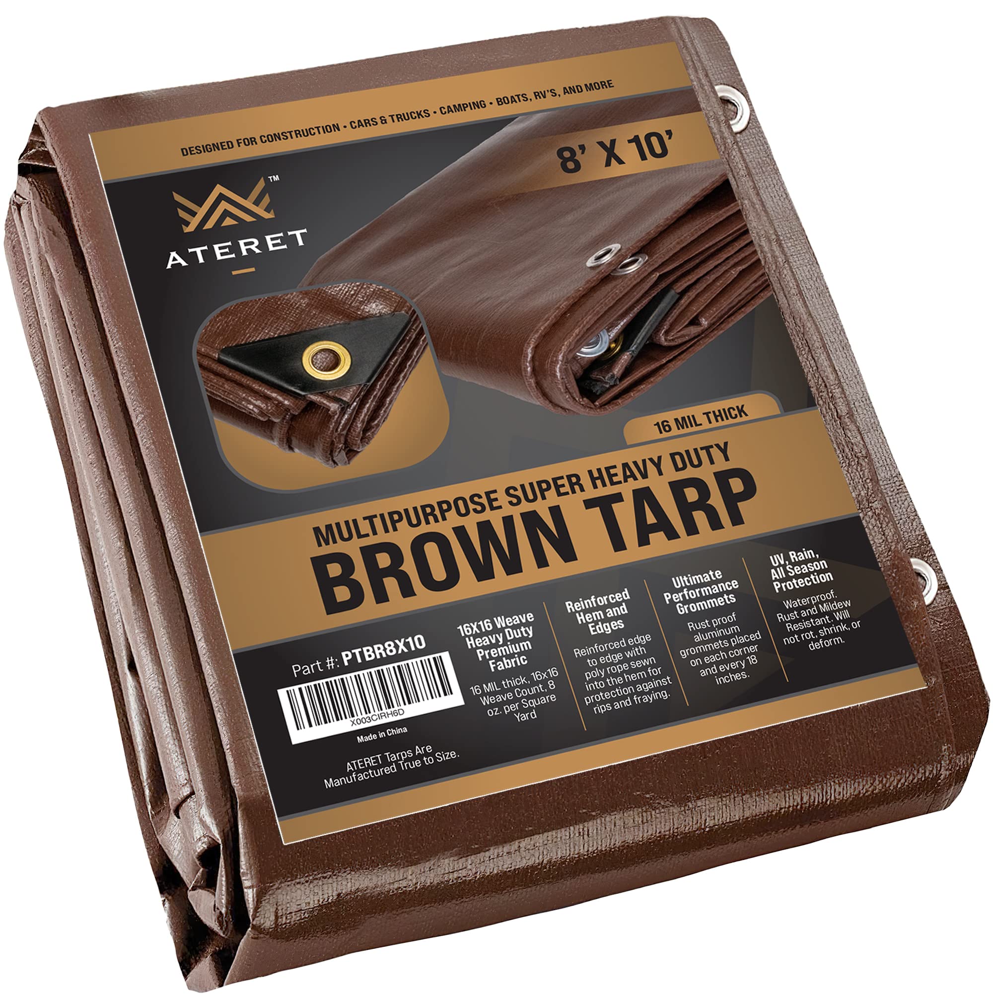 ATERET 8' x 10' Super Heavy Duty 16 Mil Brown Poly Tarp Cover - UV Resistant, Thick Waterproof, Rip and Tear Proof Tarpaulin with Grommets and Reinforced Edges