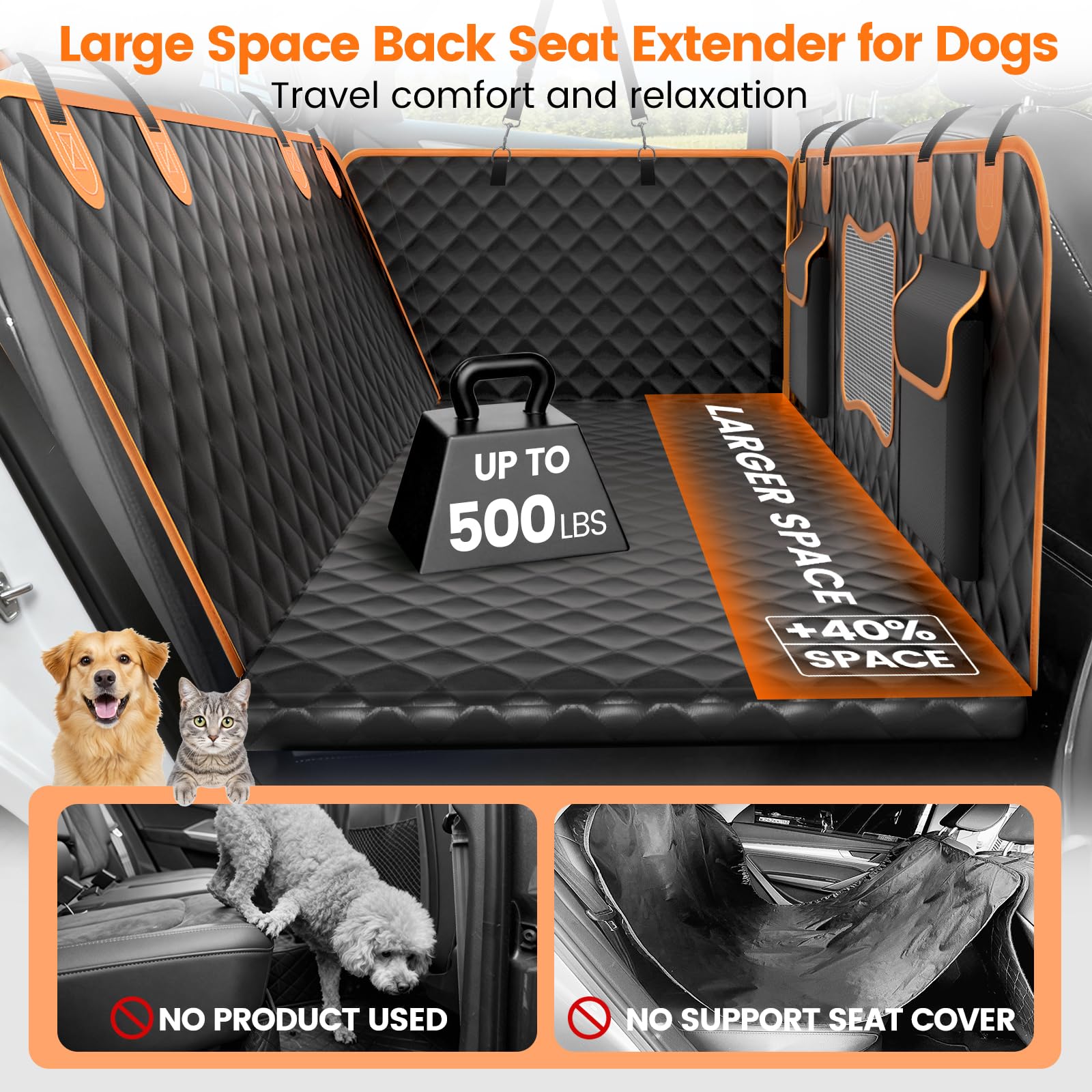 Dog Seat Cover for Back Seat Hard Bottom,Holds 500 lbs,Waterproof Dog Car Seat Cover for Back Seat Extender,Scratch-Proof Pet Hammock for Car,SUV,Truck - with Mesh Window & Storage,Black - image 2
