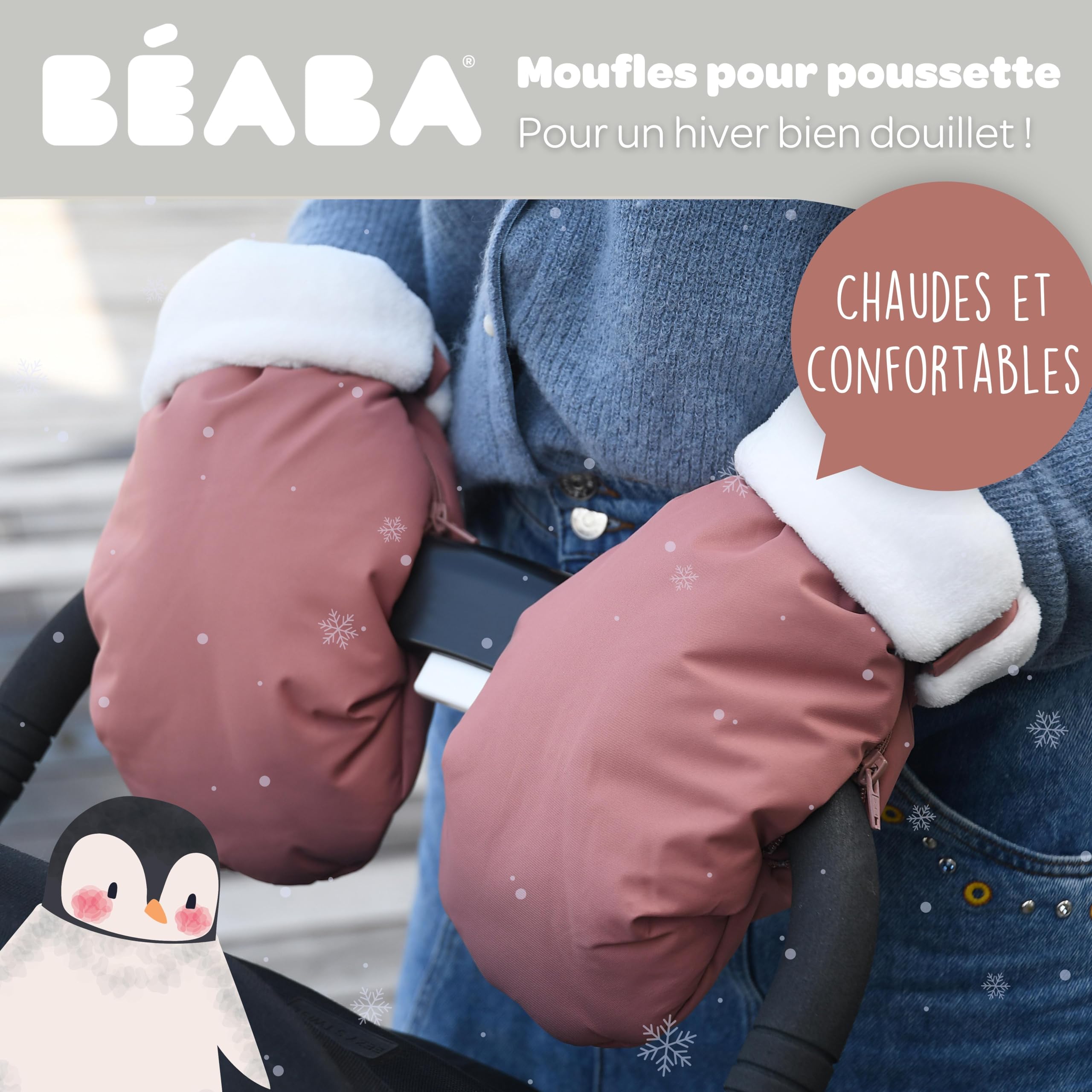 BÉABA, Moufles/Gants/Protège Mains Poussette, Protection Pluie/Neige, Attaches par zip, Ultra Chaude, Doux, Doublée Polaire, Coupe-vent, Imperméable, Respirante, Terracotta