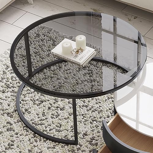 Miniatura 6 de OYhmc Juego de 2 mesas auxiliares redondas para sala de estar mesas auxiliares apilables modernas muebles de cristal templado con marco de metal