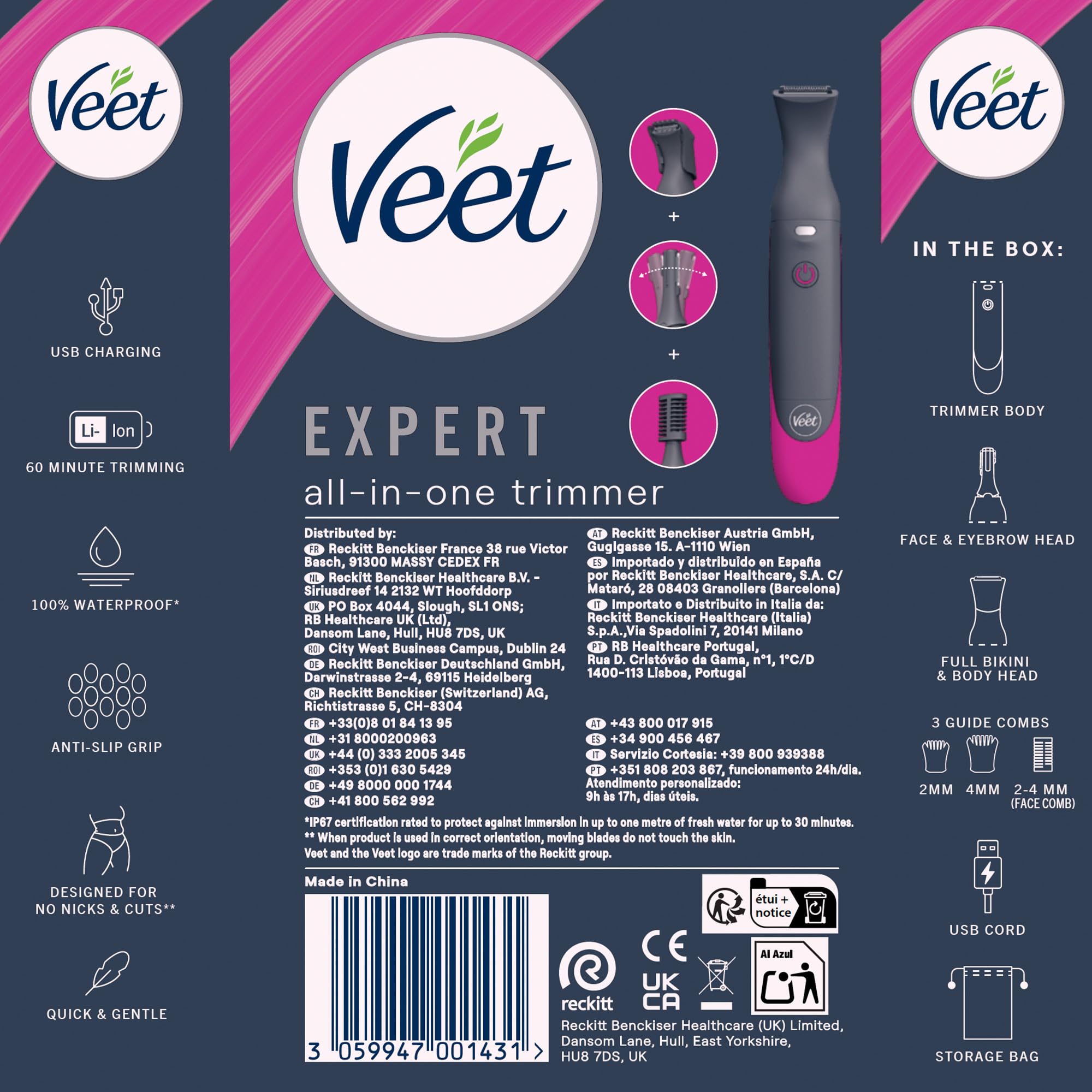 Veet Recortadora Todo en Uno, Bikini y Cuerpo Completo, Cara y Cejas, Rasuradora Mujer Zona Íntima Resistente al Agua, Con 2 Cabezales y 4 Peines para precisión, con Cargador USB