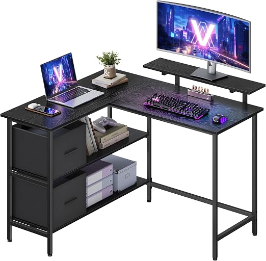 VASAGLE Biurko w kształcie litery L, 2 szuflady, z podstawą pod monitor