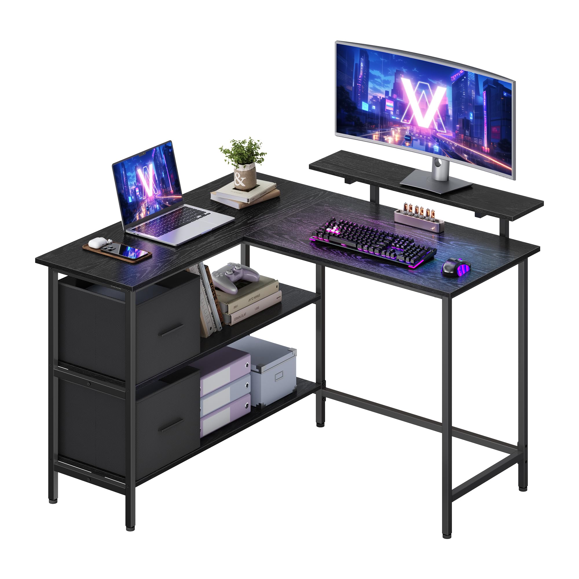 VASAGLE L-Shaped Desk with 2 Spacious Drawers, Gaming with Monitor Stand, Corner, Computer with Adjustable Storage Shelf, for Home Office, Ebony Black LWD097B56