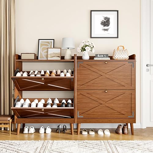 Miniatura 6 de Armario de almacenamiento de zapatos con 2 cajones abatibles, organizador de zapatos independiente con ganchos laterales, armario estrecho para