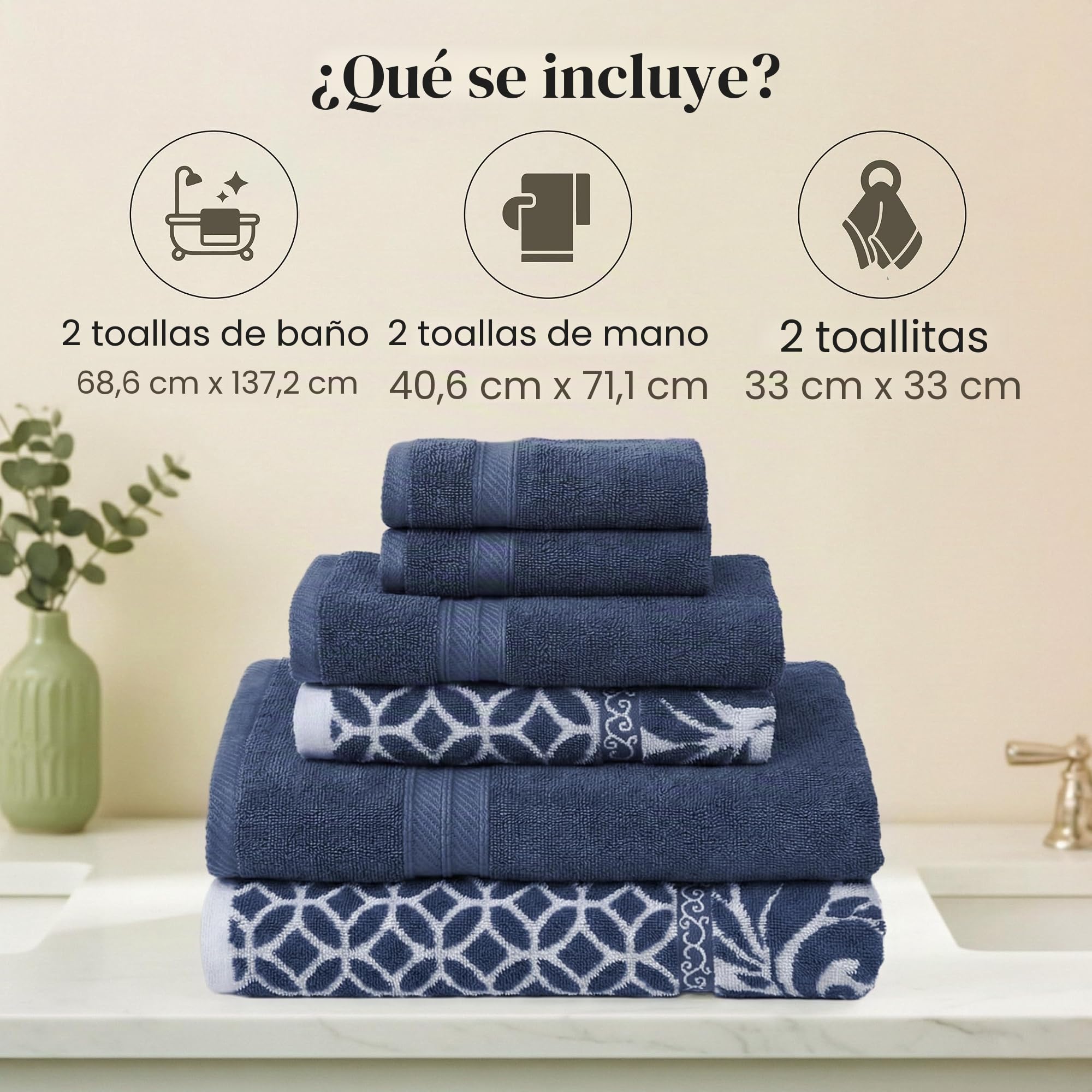Modern Threads Trefoil - Juego de 6 Toallas de Jacquard teñidas de Hilo Reversible de Filigrana, Toallas de baño, Toallas de Mano y paños de baño, súper absorbentes y de Secado rápido, 100% algodón