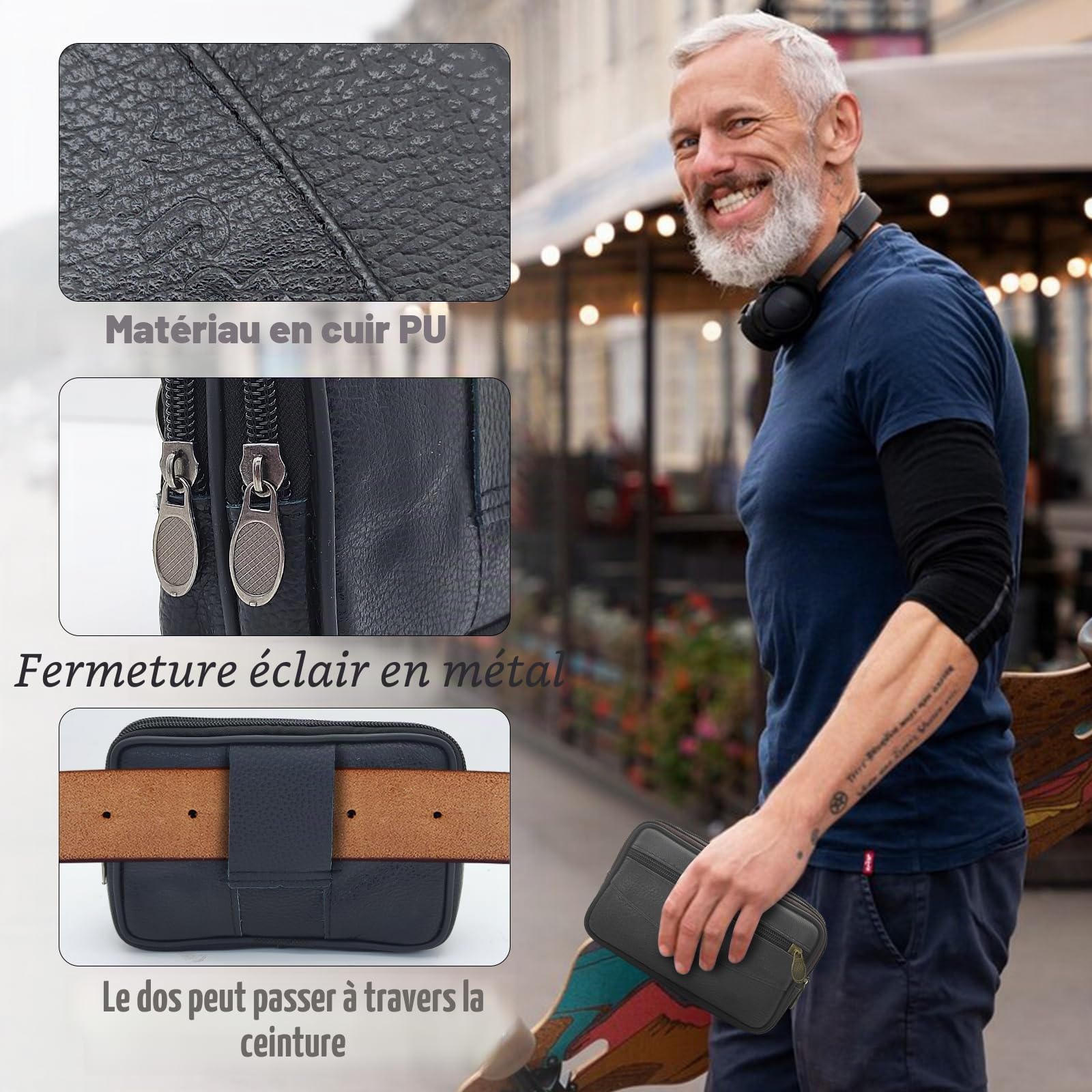 Pochette de ceinture étanche avec fermeture éclair multifonctionnelle pour randonnée, téléphone portable, clé de voiture, porte-cartes - Noir 7x4.3x1.6