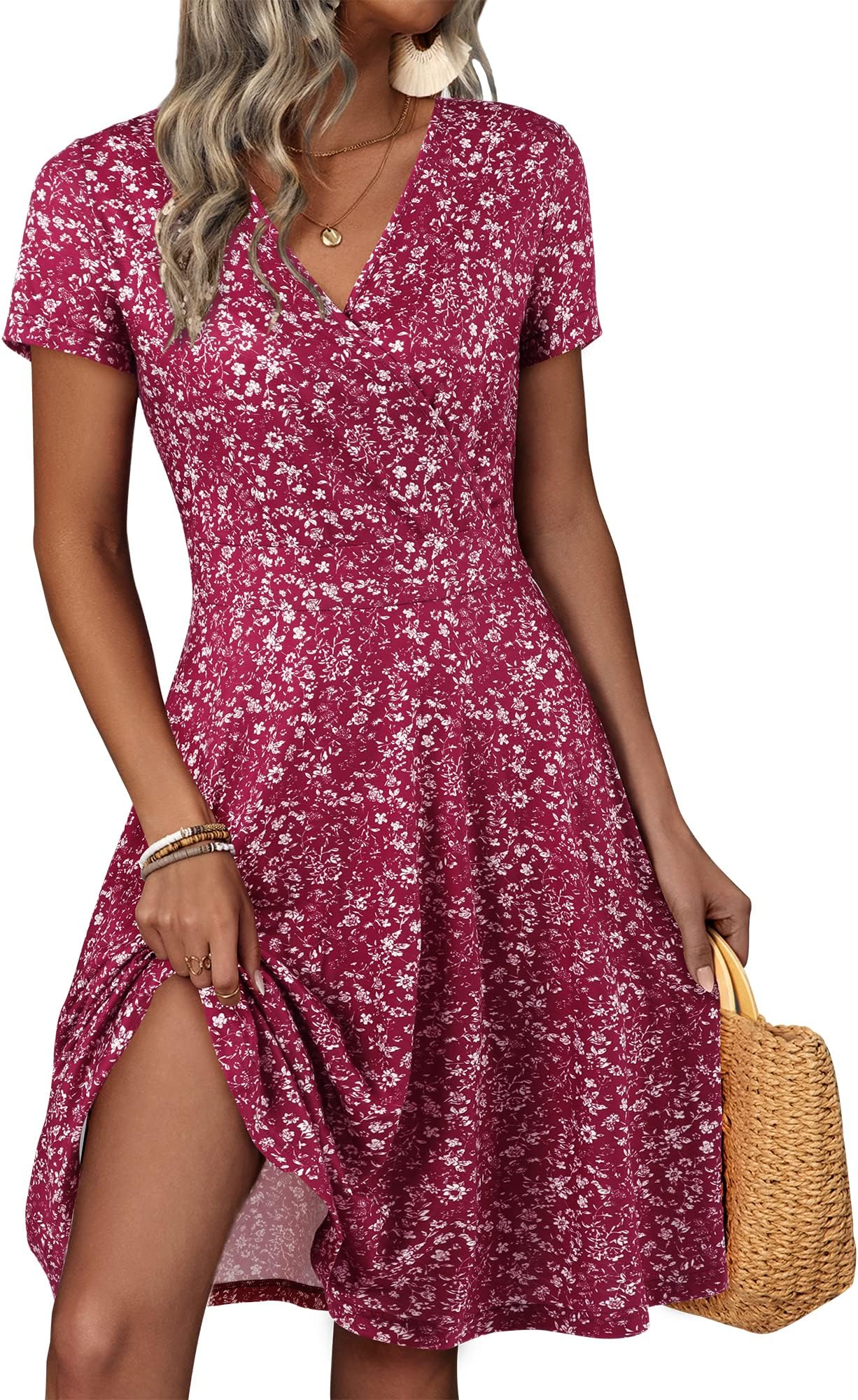 MSBASIC Womens Summer Wrap V Neck Casual Dresses Floral Short Sleeve A-Line Midi Sundress