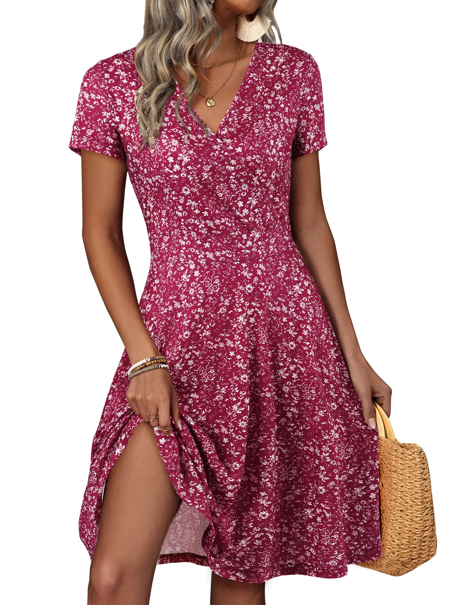 MSBASIC Womens Summer Wrap V Neck Casual Dresses Floral Short Sleeve A-Line Midi Sundress