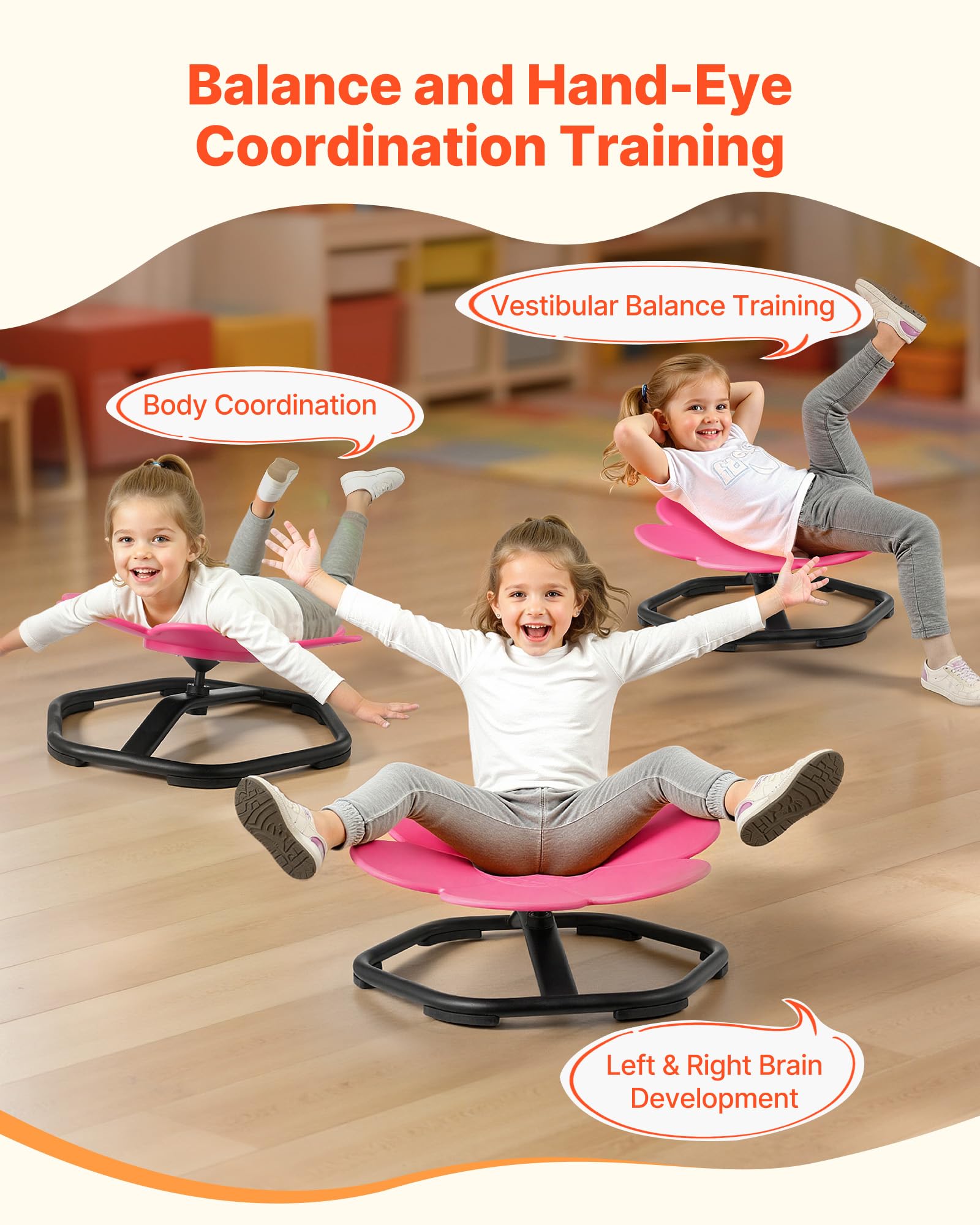 VEVOR Sedia Girevole Sensoriale per Bambini, Capacità di 100 kg, a Forma di Fiore in Metallo Antiscivolo, Sedile per Sedersi e Girare per Coordinazione, Equilibrio e Concentrazione, Rosso
