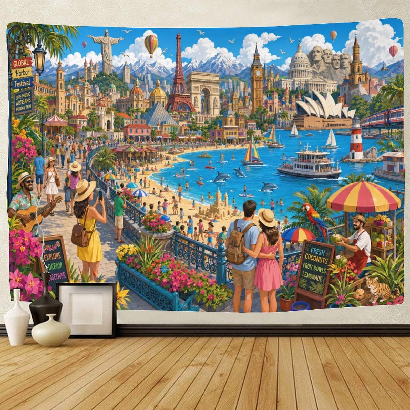ASDFGHJKLZA World Famous Landmarks Collage Wall Art Decor 3D Print Tapestry for Bedroom Tapestries Home Decoration Curtain Living Room Dorm 130cmx150cm