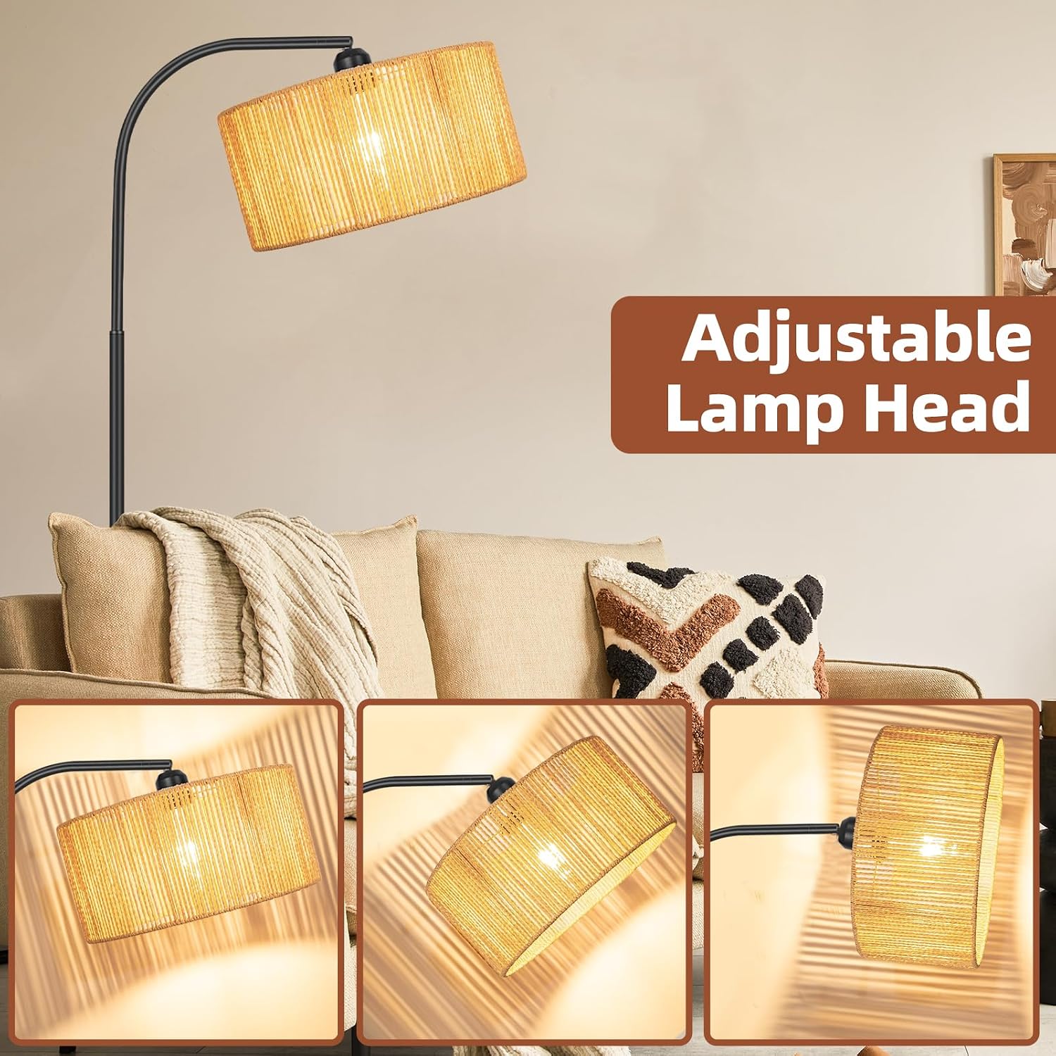 Boho Standing Lamp with Dimmable Bulb Nartual Rattan Adjustable Lampshade, Black Modern Farmhouse Rattan Floor Lamp for Living Room, Bedroom, Office, Classroom