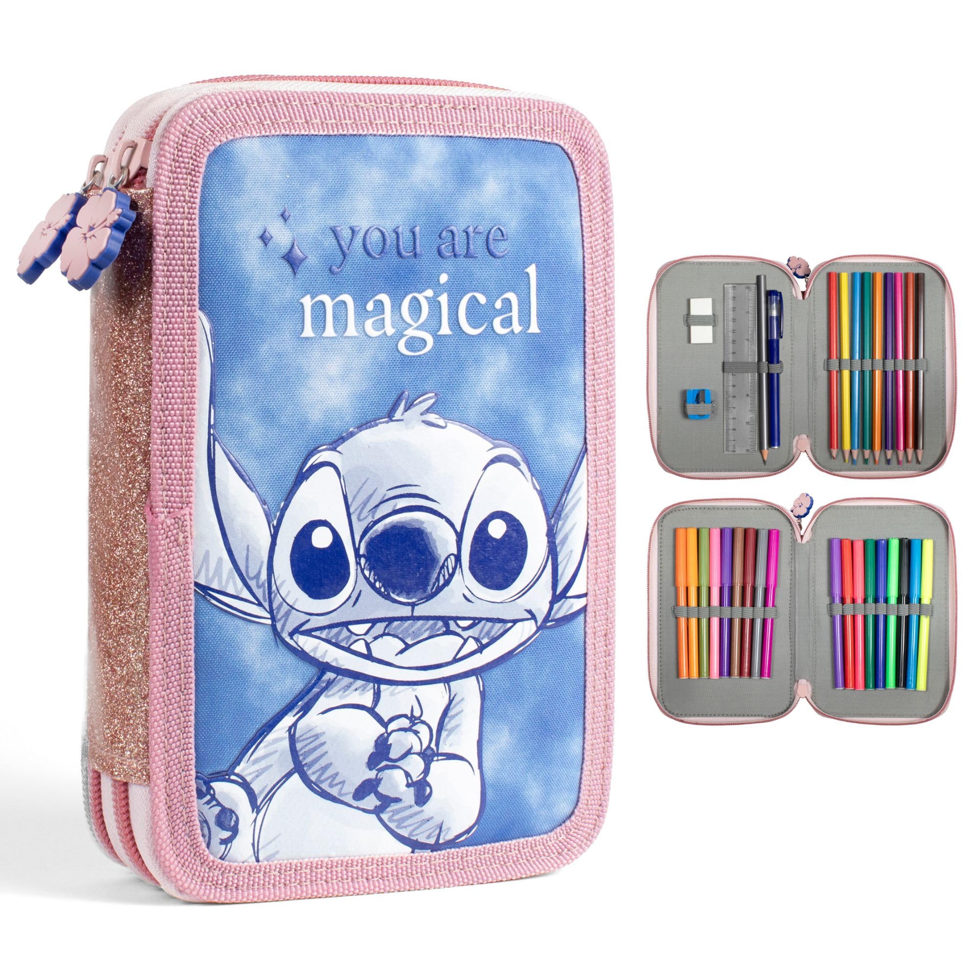 Disney Stitch Kids Filled Stationery Pencil Case Multi-Coloured with Pencils, Marker,s Ruler, Rubber, Back to School