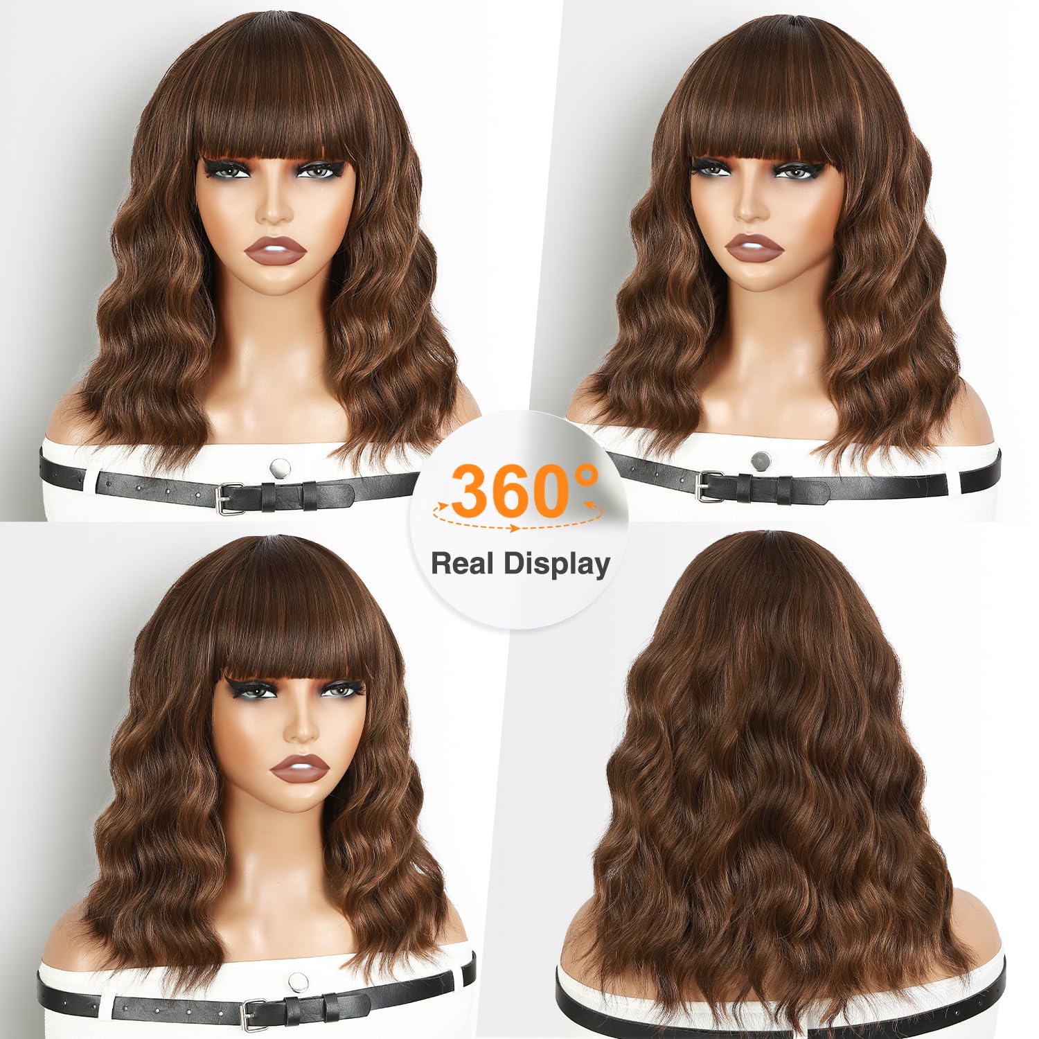 WIGNEE Krótka Falowana Peruka Bob Z Grzywką Naturalne Loki Damskie | Ombre Blond Z Pasemkami, Bezklejowe Syntetyczne Włosy Odporne Na Gorąco, 12 Cali