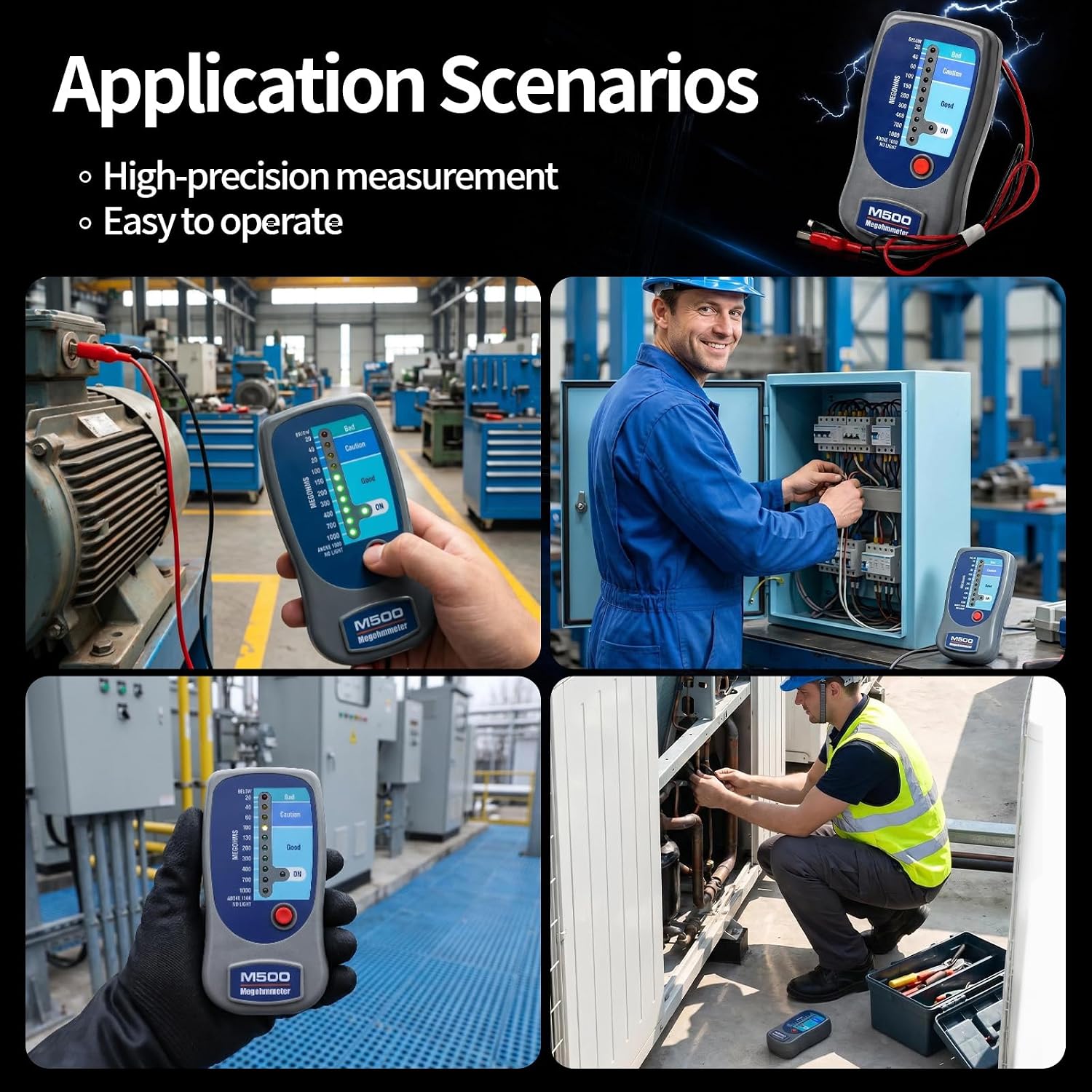 M500 Megohmmeter Insulation Tester,M500 Megohmmeter,500V 1000MΩ | Clear 3-Color LED Scale,Accurate 20-1000MΩ Meter,Rugged ABS Case,Portable Megger,Ideal for Electrical Maintenance&Relay Check
