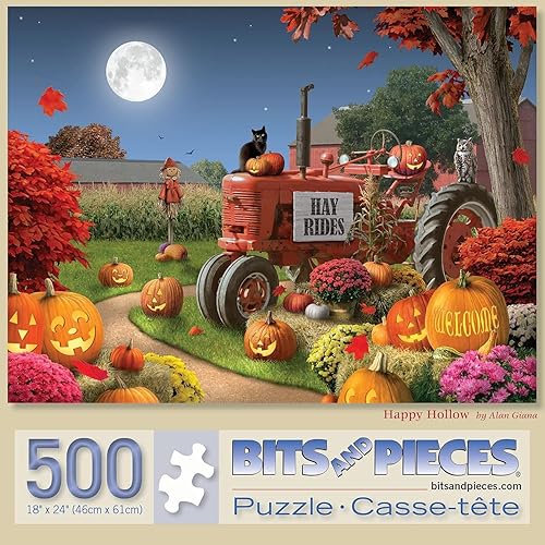 Bits and Pieces - Rompecabezas de 500 piezas para adultos de 18 x 24 pulgadas - Happy Hollow - 500 piezas de Halloween Farm Pumpkin Jack-O-Lantern