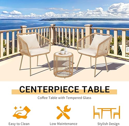 Miniatura 5 de BLKMTY Juego de muebles de mimbre para patio de 3 piezas, muebles de mimbre para todo tipo de clima, para porche, patio trasero, juego de