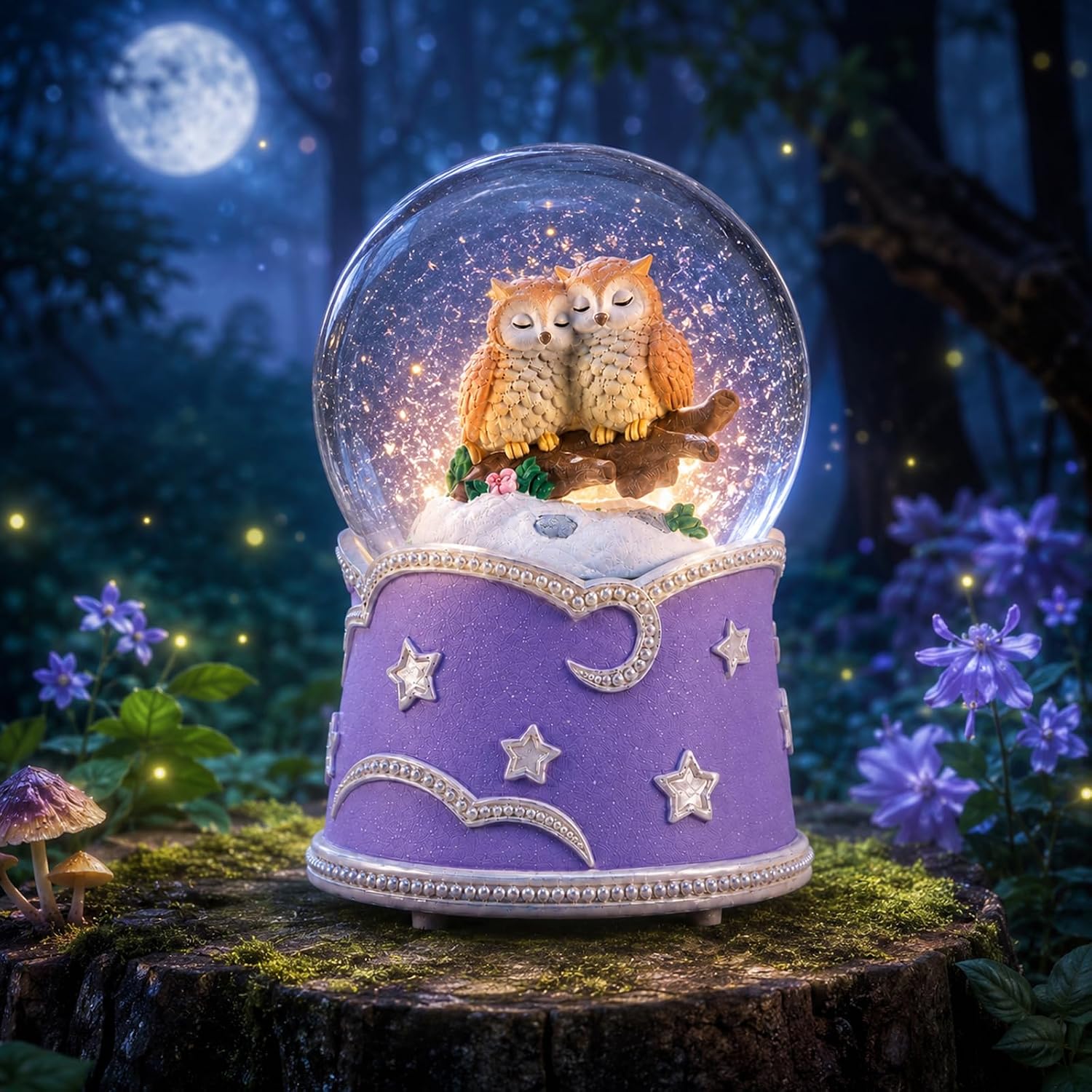 Owl Snow Globe Music Box with Color Lights, Beautiful Dreamer Tune, Glitter Musical Snow Globe, Rotating Owls, Hand-Painted Owl Gifts for Girls, Daughter, Mom, Owl Lovers, Birthday Christmas Decor