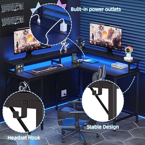 Miniatura 4 de Shintenchi Escritorio para computadora en forma de L de 46 pulgadas con luces LED y soporte para monitor, escritorio reversible para juegos con