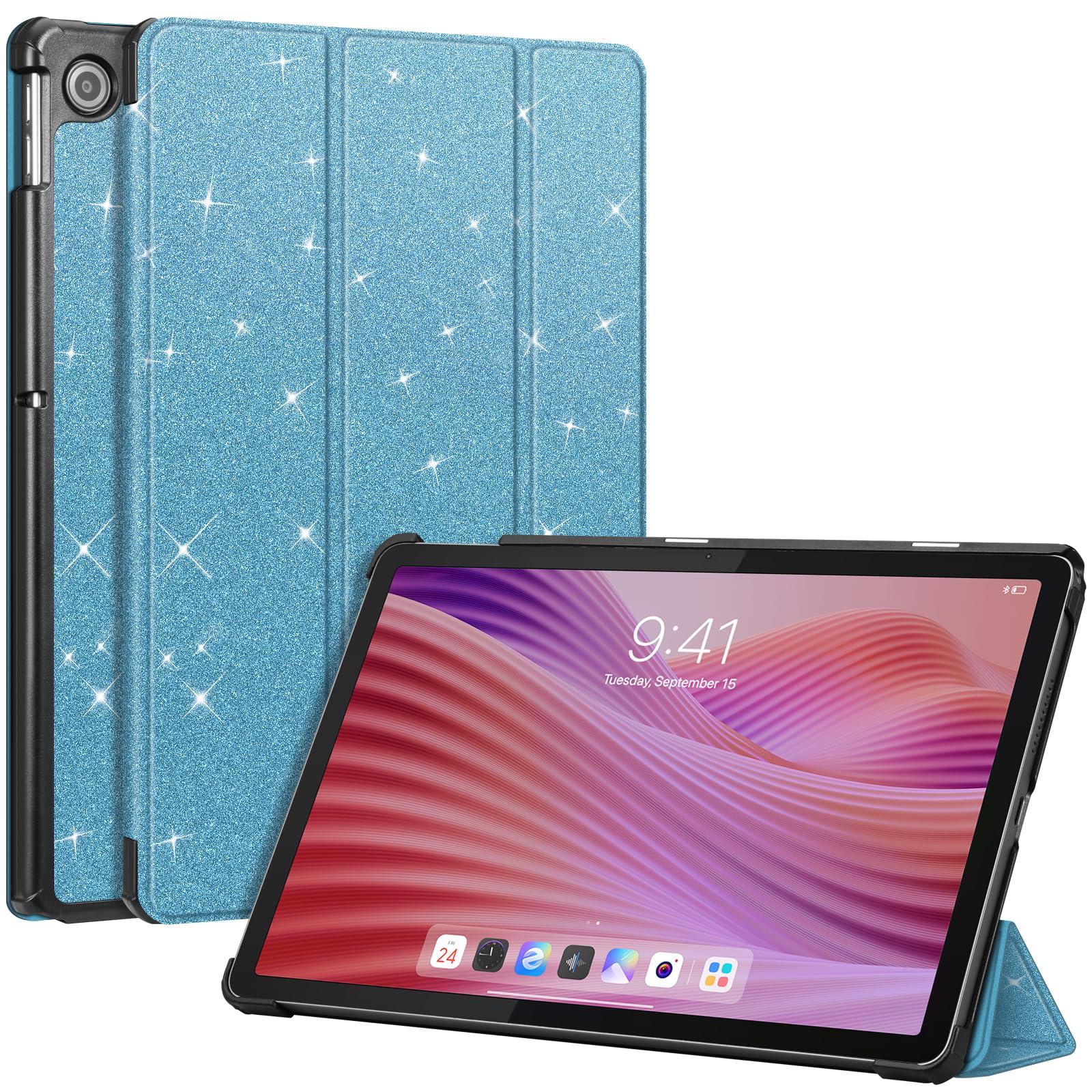 Fintie Hülle für Lenovo Tab 10.1 Zoll 2025 (TB-311FU / TB-311XU), Ultra Schlank Kunstleder Schutzhülle mit Auto Schlaf/Wach und Ständer Funktion, Glitzerndes Blau