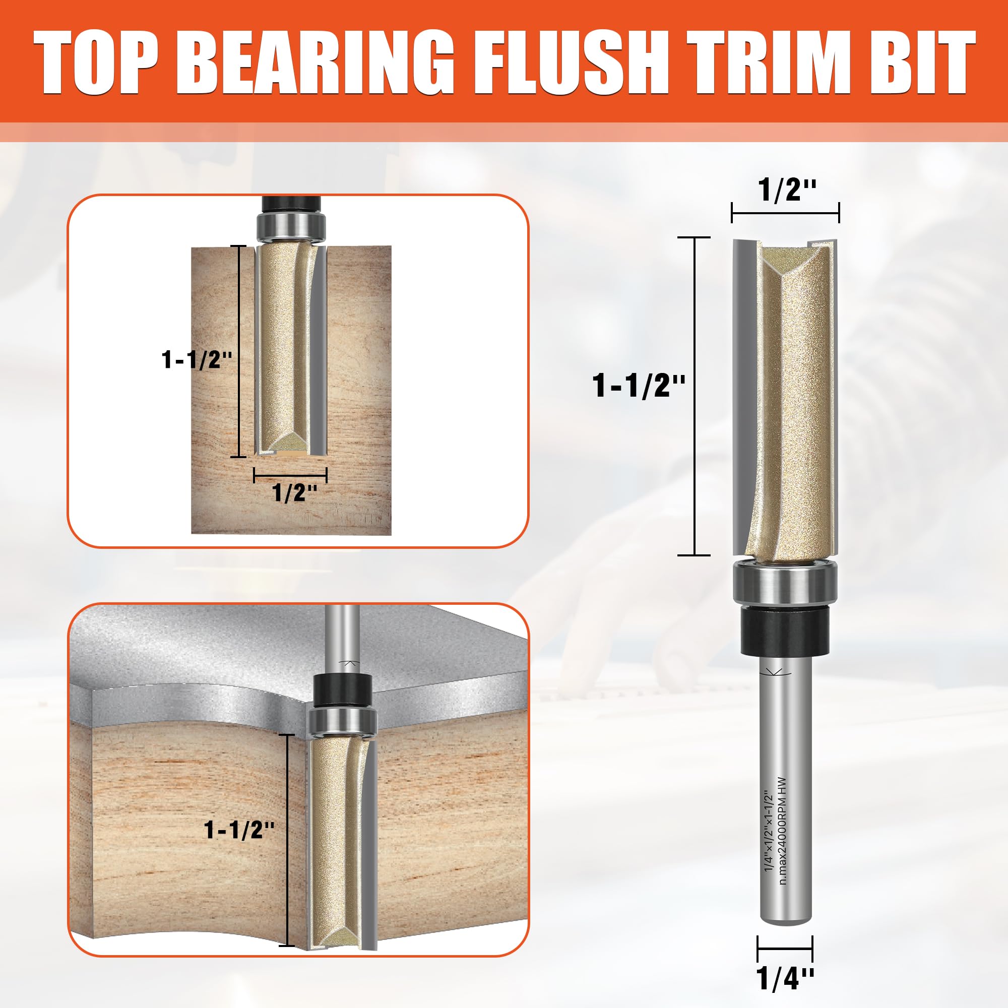 EASEWORK TOOL Broca de enrutador de corte empotrado de 1/4 pulgadas, broca de plantilla de rodamiento superior con punta de carburo de grado profesional para carpintería, 1/2 pulgada de diámetro x 1-1