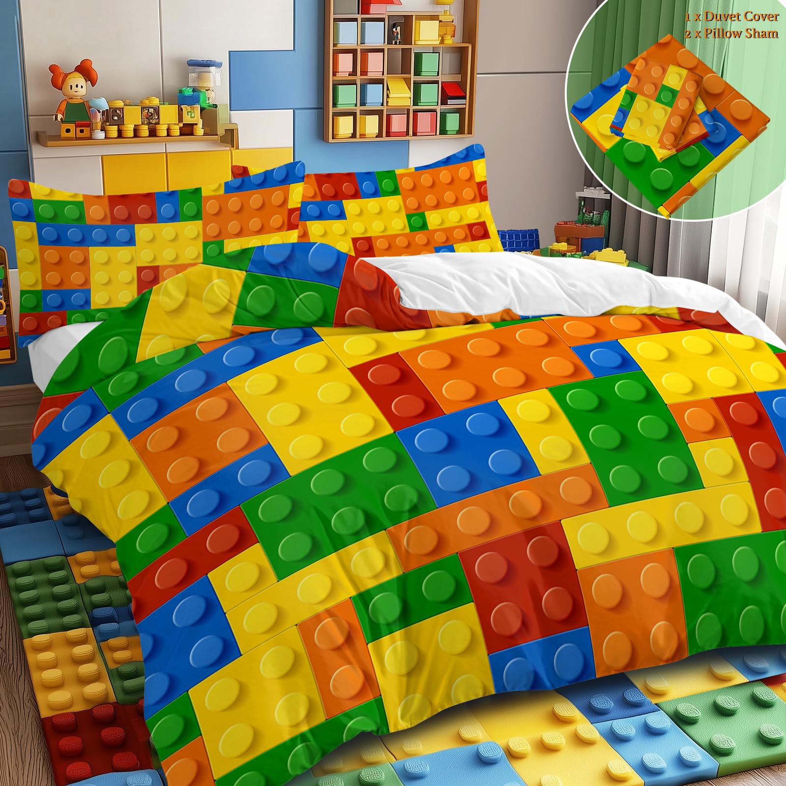 BlessLiving Full Building Blocks Duvet Cover - Soft Colorful Geometric Brick Bedding Set for Boys Girls Teens, Includes 2 Pillowcases (Yellow/Orange/Green)