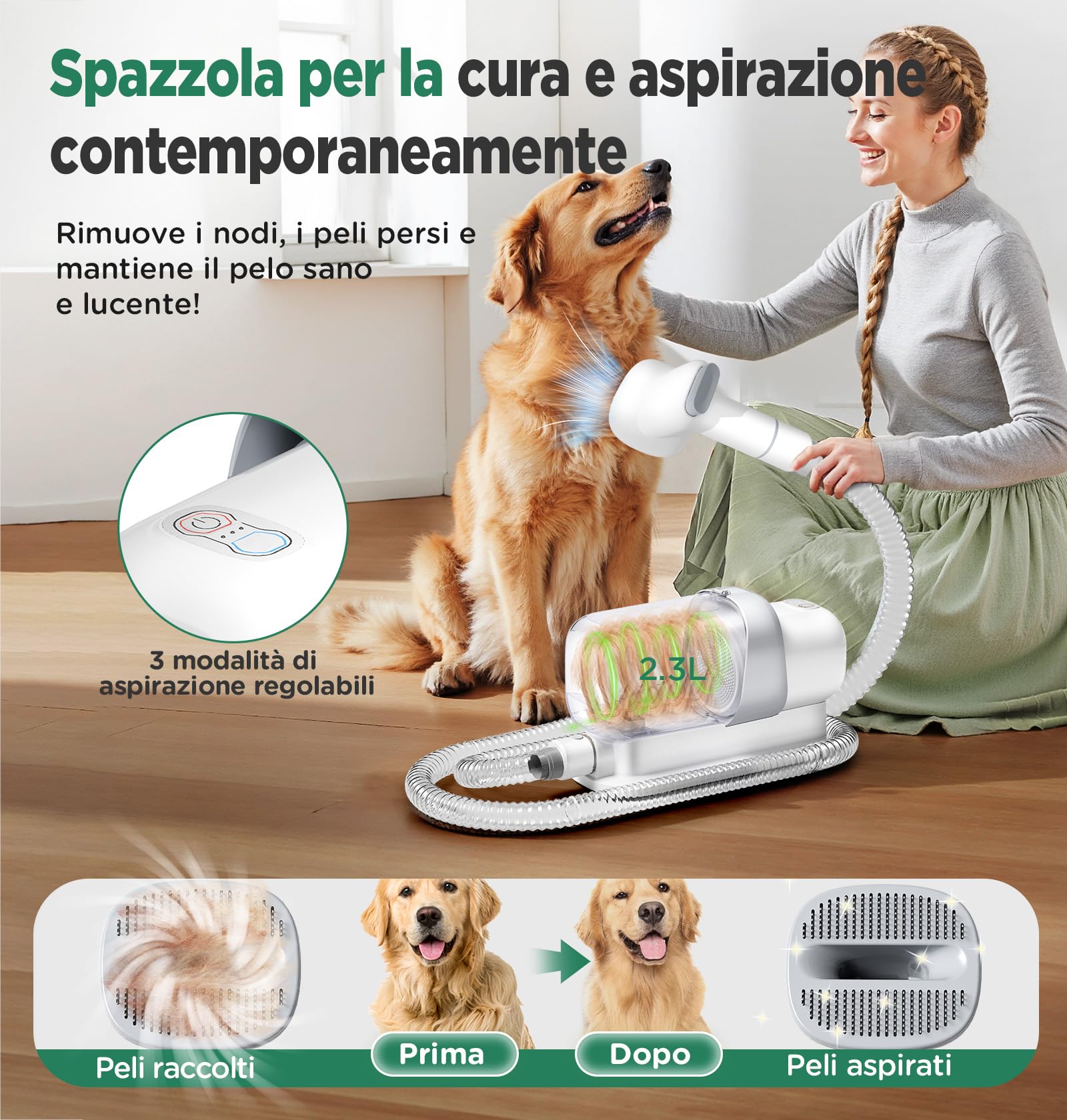 Gimars 2,3L Aspira Peli Cane 7 in 1 Kit Toelettatura Cani, Aspirapolvere Per Animali Con Spazzola, Forte Aspirazione 3k/7k/12k Pa Ultra Silenziosa Elettrico Tosatrice Per Gatto Pelo Professionale