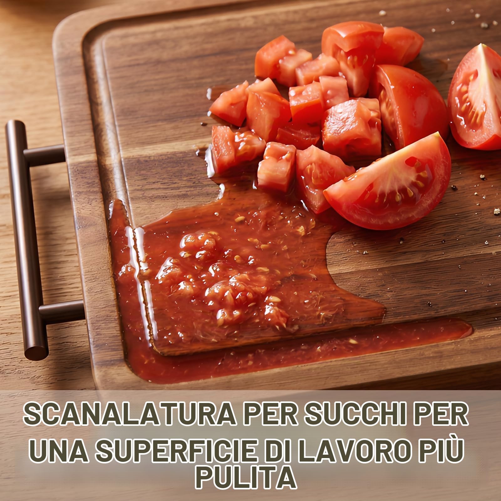 Tagliere Doppia Faccia Legno di Acacia e Acciaio Inox 34 x 28,5 x 2 cm | 2 in 1, Scanalatura per Succhi, Per Carne, Pesce, Verdure e Pane, Igienico, Facile da Pulire