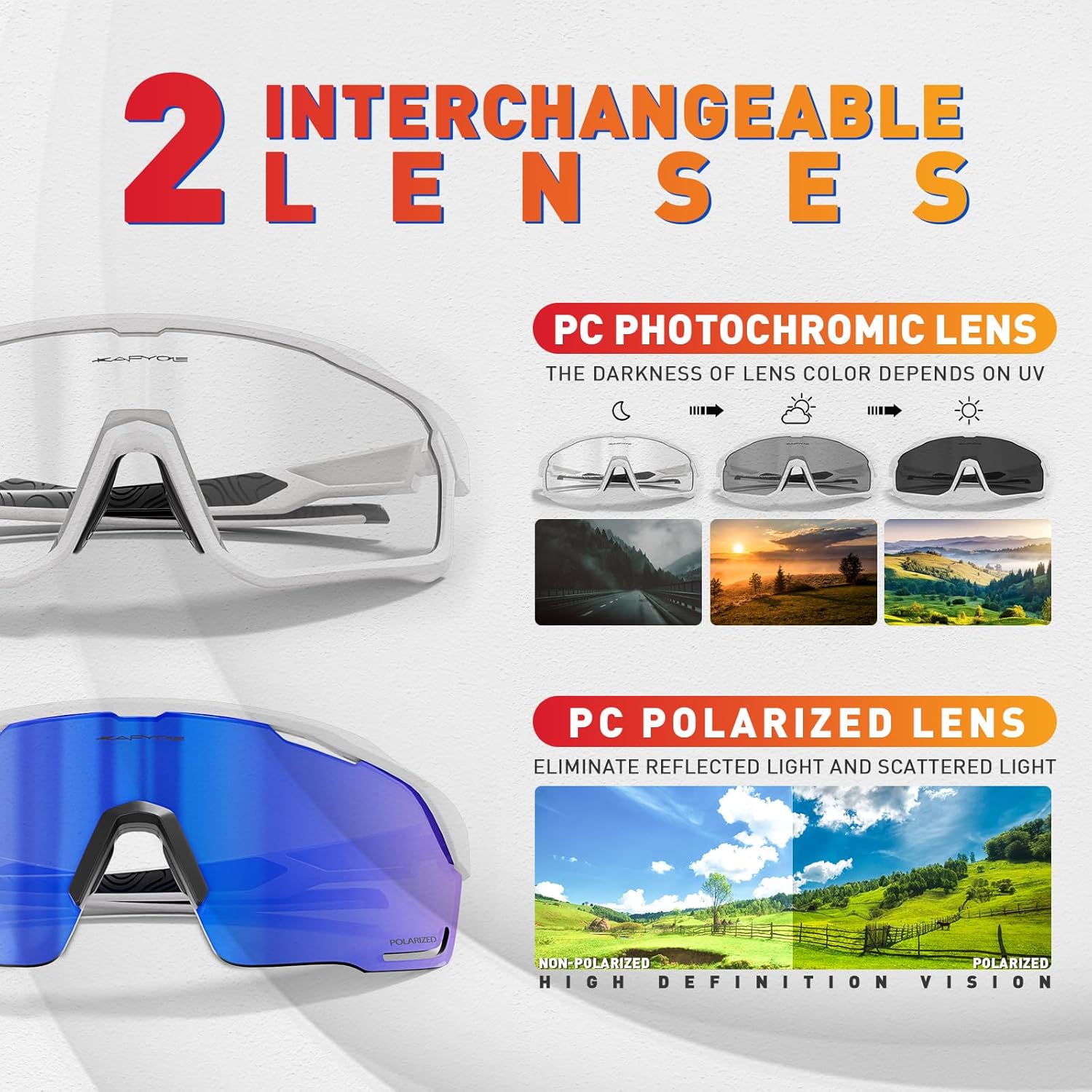 KAPVOE Cycling Glasses with Interchangeable Polarized + Photochromic Lenses Sport Sunglasses Mountain Bike Glasses K93-91