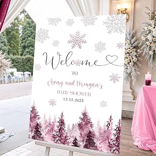 Personalized Winter Baby Girl Shower Welcome Sign, Snowflake Wonderland Baby It’s Cold Outside Poster Banner Display Board Backdrop Party Sign Announcement Panel, Pink Jungle Snow