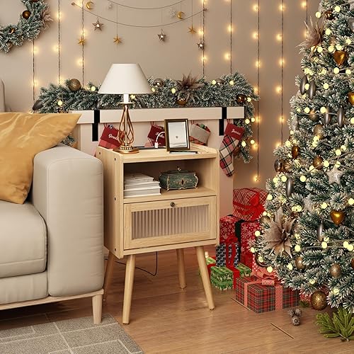 Miniatura 19 de Mesita de noche moderna de mediados de siglo con estación de carga, mesitas de noche con puerta de cristal, mesa auxiliar con espacio de Gris