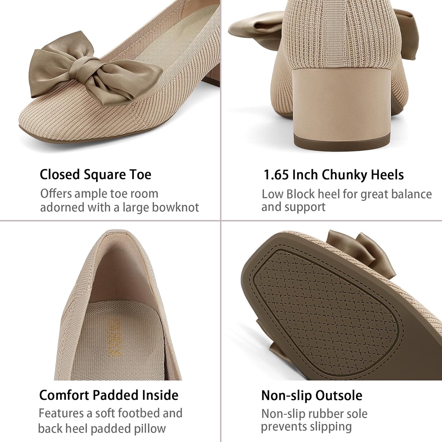 JENN ARDOR Comfortable Low Chunky Dress Shoes for Women Bow Knit Closed Square Toe Heels Casual Slip on Block Pumps for Wedding Party Business Work Office - Image 4