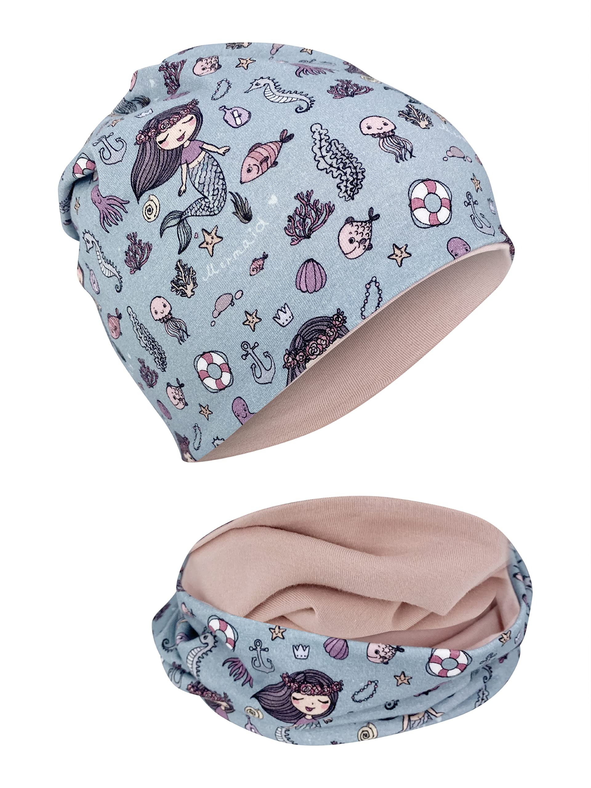 HECKBO Gorro para niños + Gorro con Cuello Redondo - Diferentes Motivos - con Forro Polar o Reversible - a Partir de 2 años - 95% Algodón - Tejido elástico Suave y práctico - Primavera Otoño Invierno