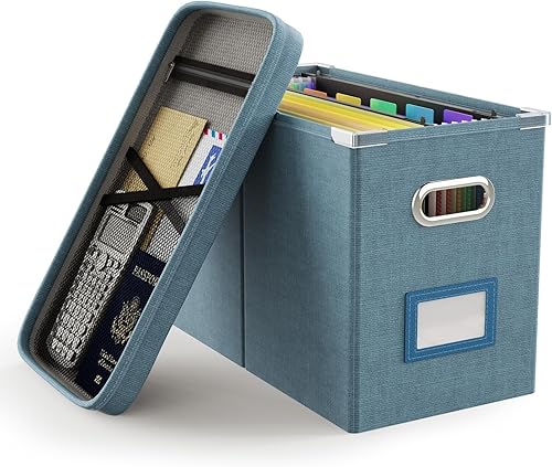 Vista 9 de Oterri Caja organizadora de archivos con tapa, caja de archivos colgante con bolsillo de malla, caja organizadora de documentos para archivos
