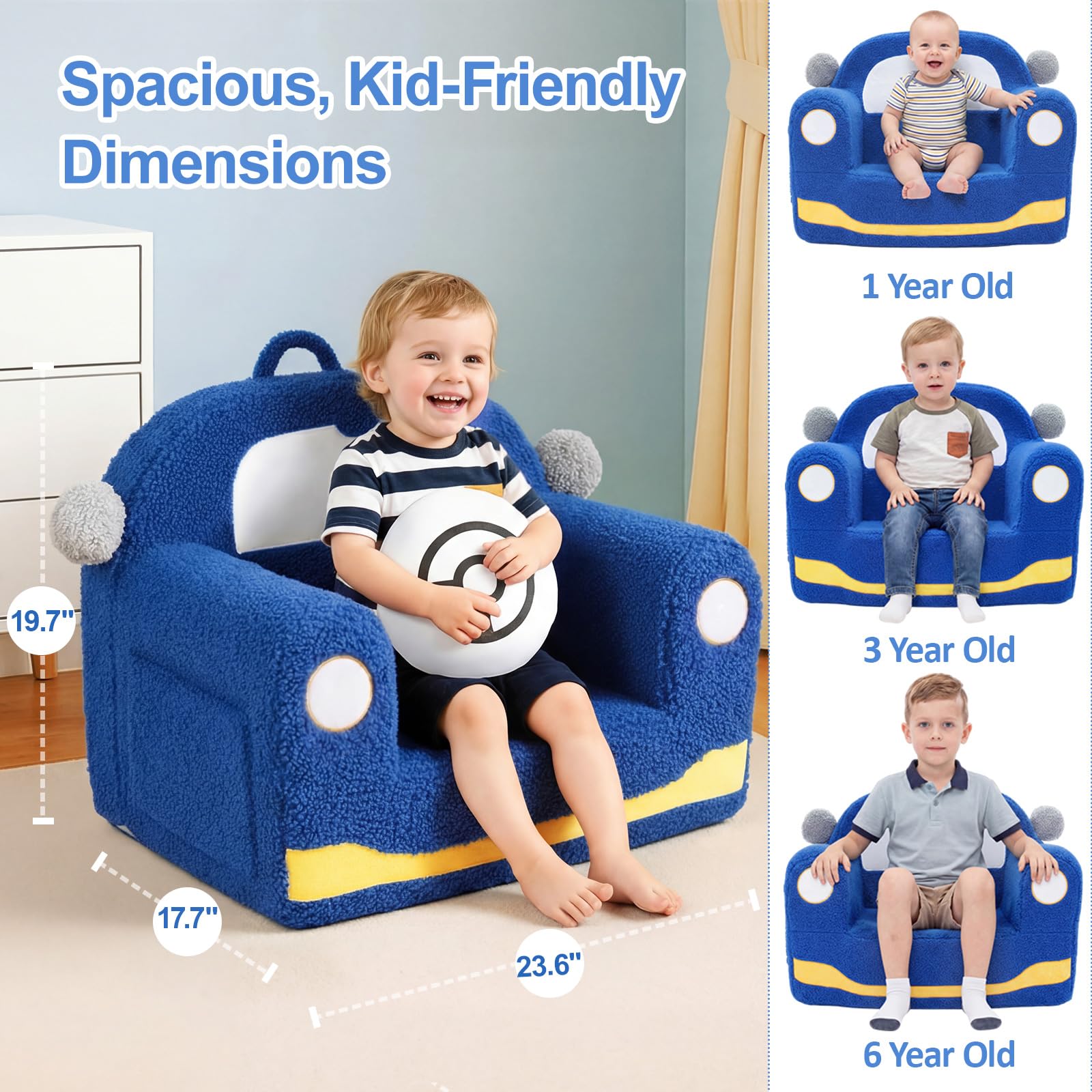OUOZZZ Kindersofa Kindersessel ab 1 3 6 Jahre - Weich Sherpa Kindercouch mit Kissen, Mini Couch für Kinderzimmer Jungen und Mädchen, Auto Blau
