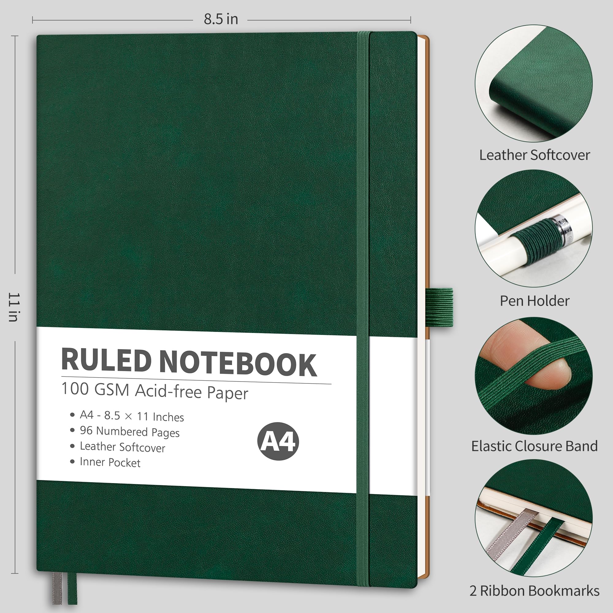 RETTACY Taccuino a righe, 96 pagine numerate, formato A4 di grandi dimensioni (21,6 x 27,9 cm), per uomini e donne, diario, scrittura, lavoro e ufficio, copertina morbida in pelle, carta spessa 100 g