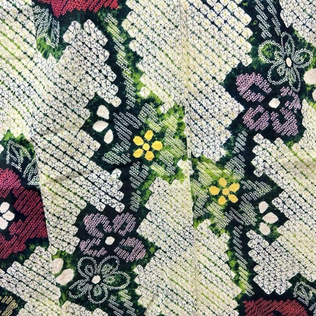 浴衣 有松鳴海絞り 花模様 グリーン 着物 065w d