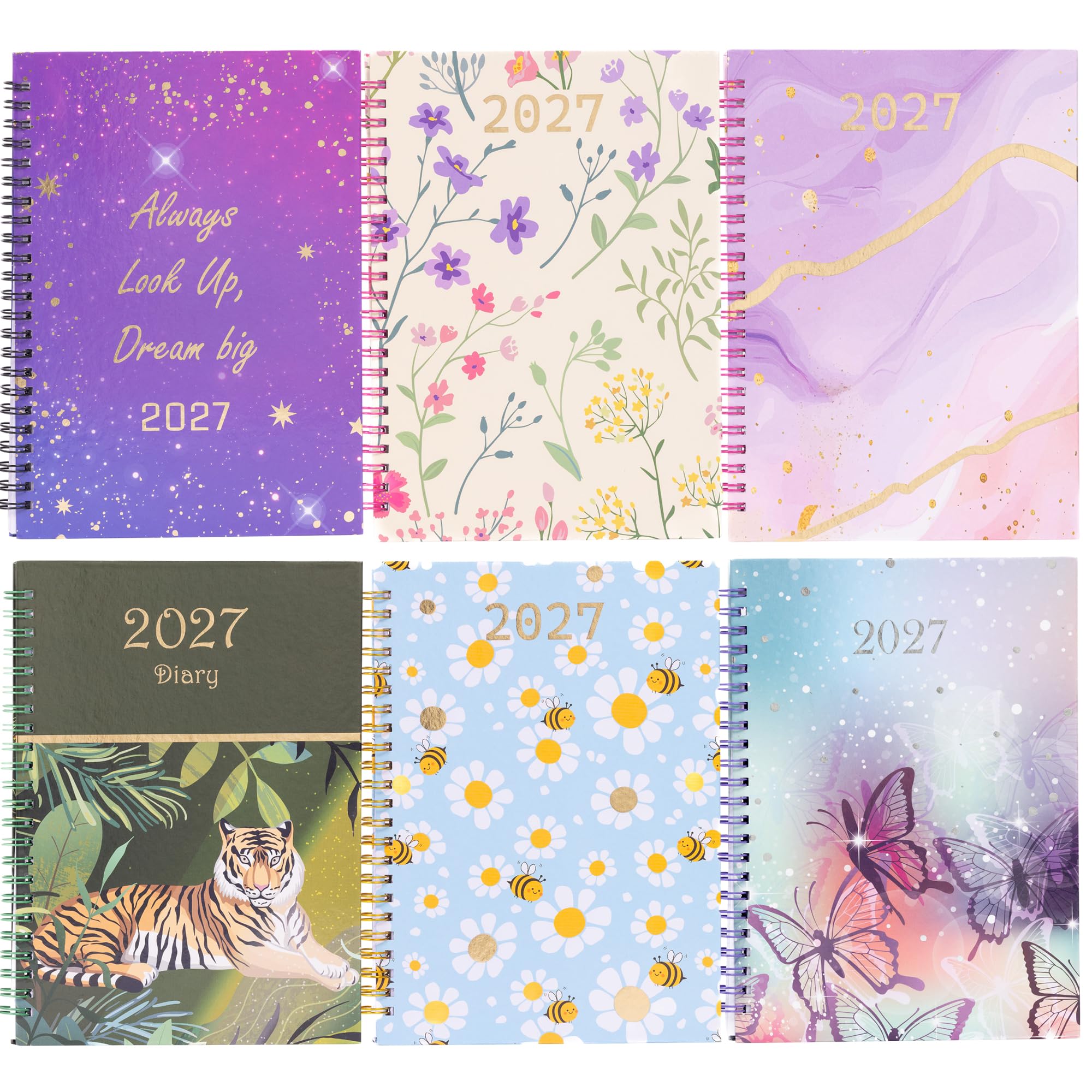 evelay 2027 Diary A5 Week to View - Spiral Bound Hardback Wiro Planner, January to December 2027 - Weekly Organiser with Durable Cover (Marble)