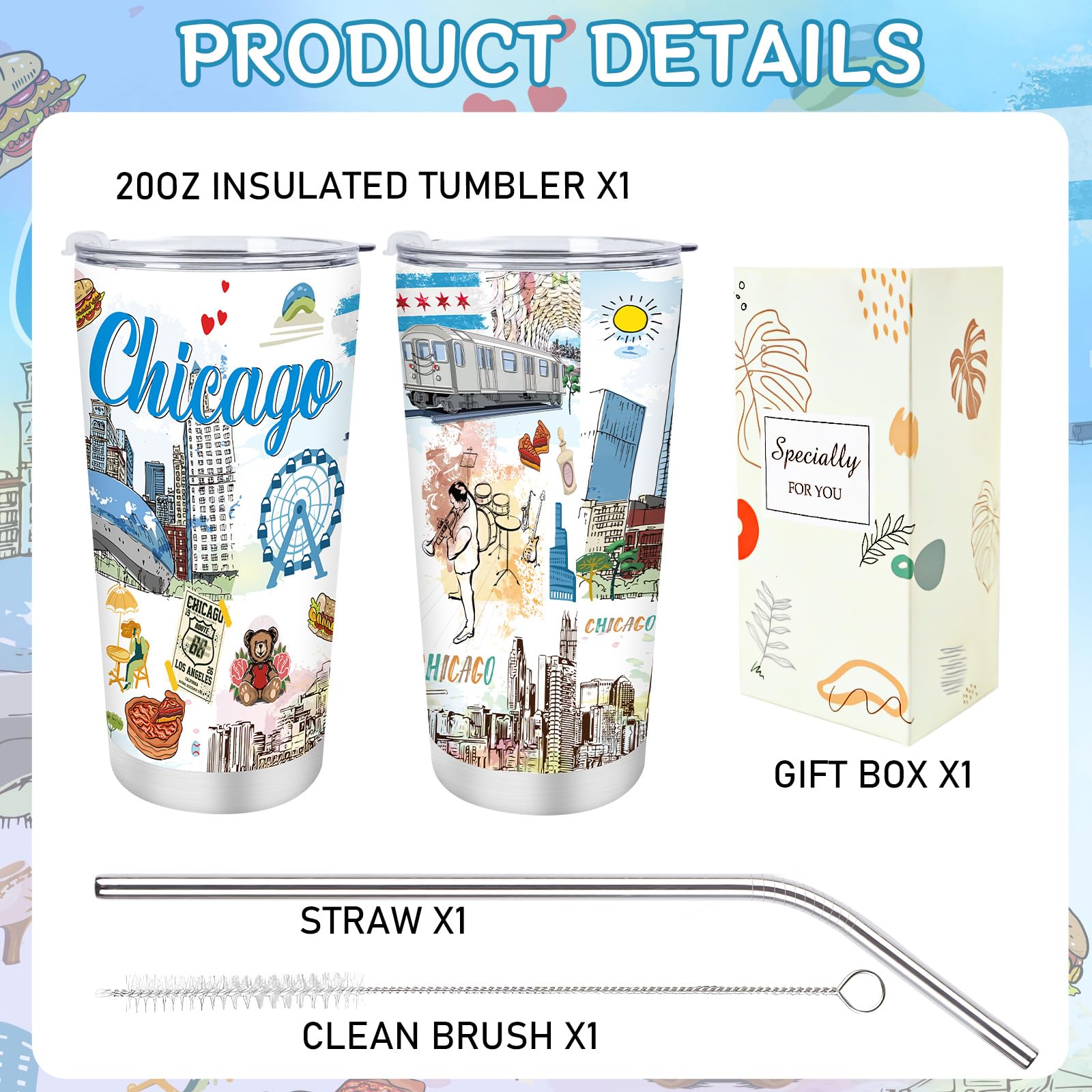 Keluna Chicago Souvenirs Gifts Tumbler - 20Oz Stainless Steel Chicago Travel Mug with Lids Straw Brush Insulated, City Travel Trip Birthday Christmas Mother's Day Gifts for Friends Familes Coworkers