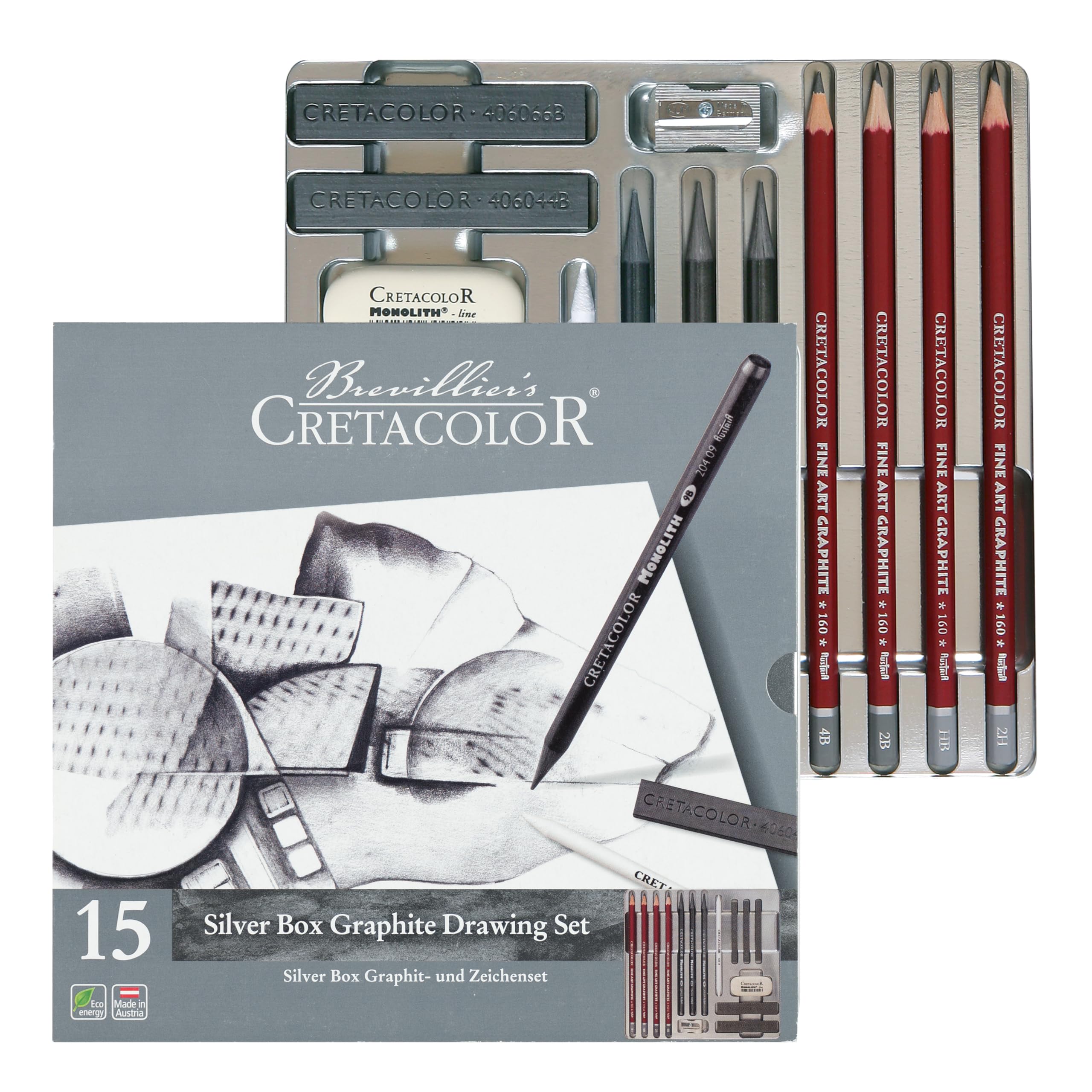 CRETACOLOR Silver Box Graphite Drawing Set, set de dessin en graphite, 15 pièces, pour débutants et professionnels, dans un étui métallique, y compris gomme