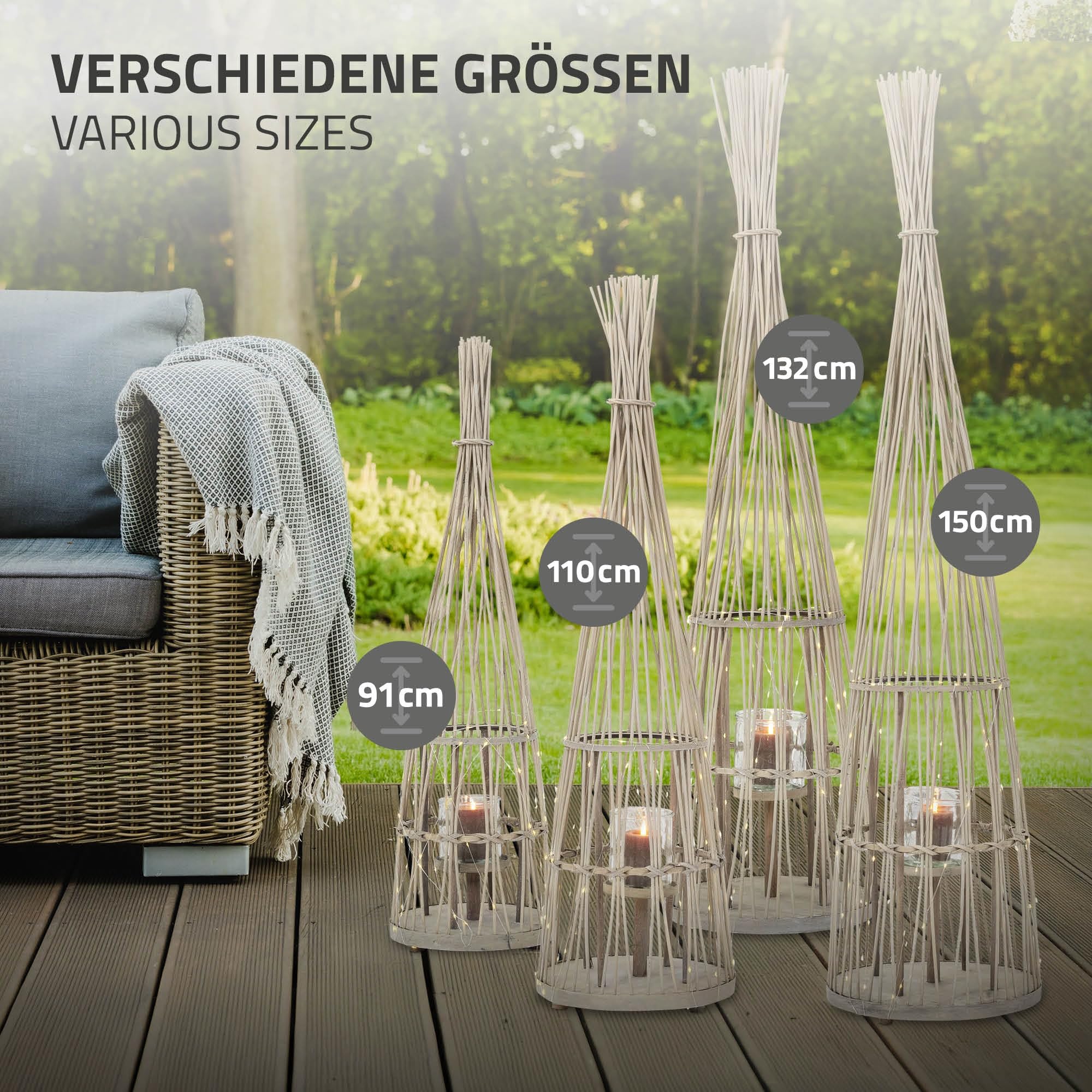 ECD Germany Bambus Laterne, Windlicht 150 cm, Holzfarbe, Gartenlaterne mit LED Lichterkette & Glaseinsatz, Boho Bambuslaterne Kerzenhalter Flechtoptik Innen/Außen, Deko Laterne für Terrasse Wohnzimmer