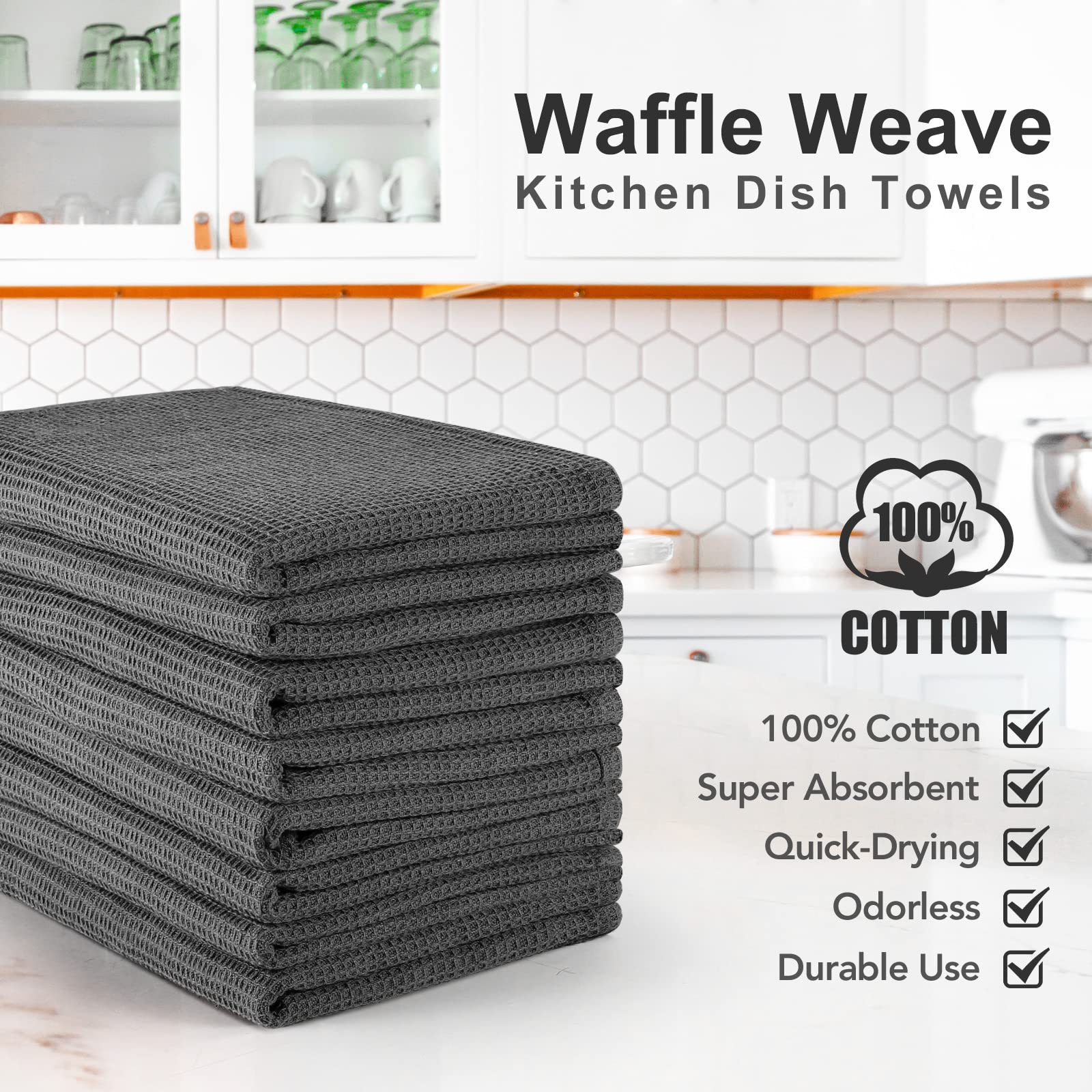 PY HOME & SPORTS 8 sztuk bawełnianych ręczników kuchennych o splocie waflowym, 43 x 60 cm, bardzo chłonne kuchenne ściereczki do rąk do suszenia i czyszczenia (ciemnoszare)