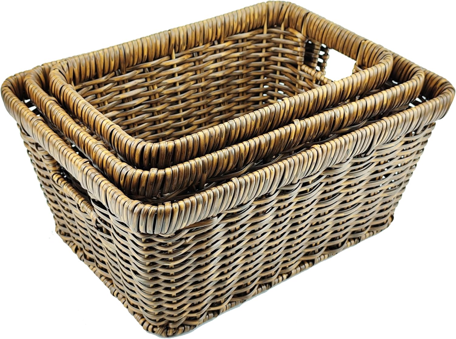 Wicker Storage Baskets for Shelves, Wicker Baskets for Organizing, Waterproof Woven Basket for Pantry, Rectangle Basket for Shlef, Brown, (Set Of 3)