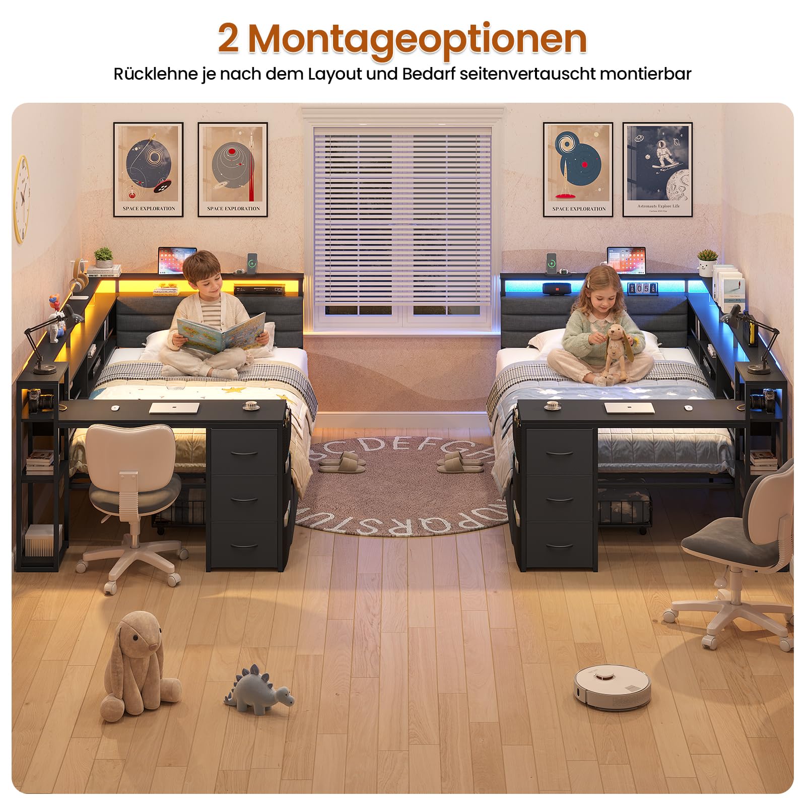 Jugendbett 90x200 mit LED-Beleuchtung und Ladestation |Polsterbett mit 91x35 cm integriertem Schreibtisch |Tagesbett mit gepolstertem Kopfteil |Daybed |Offene Fächer mit Schutzstangen |Schwarz