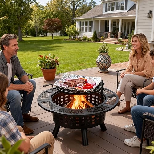 Vista 2 de Hoguera al Aire Libre de 91 cm con Parrilla, Hogueras de Leña para Exteriores con Tapa y Atizador, Mesa de Hoguera 3 en 1 de Metal con Parrilla