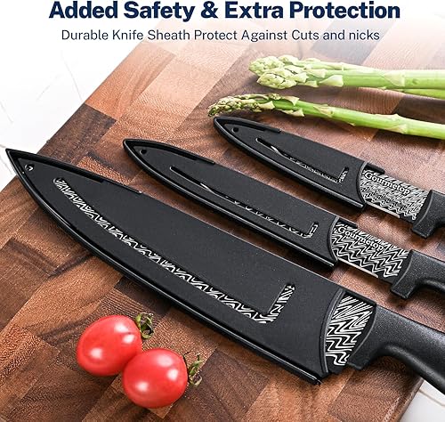 Miniatura 4 de Juego de cuchillos de cocina con tapa, 3 piezas, juego de cuchillos de chef negros para cocinar, cuchillos de cocina afilados con funda, cuchillo de