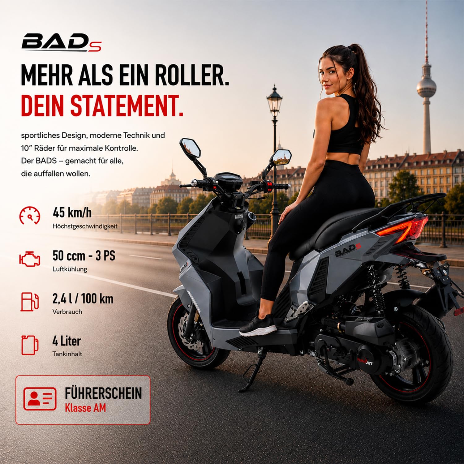 Burnout Motorroller 50 ccm BAD S, Grau, 45 km/h, Euro 5, EFI Einspritzung, Voll-LED, Keyless Go, Alarmanlage, USB-Ladedose, hydraulische Scheibenbremsen v/h